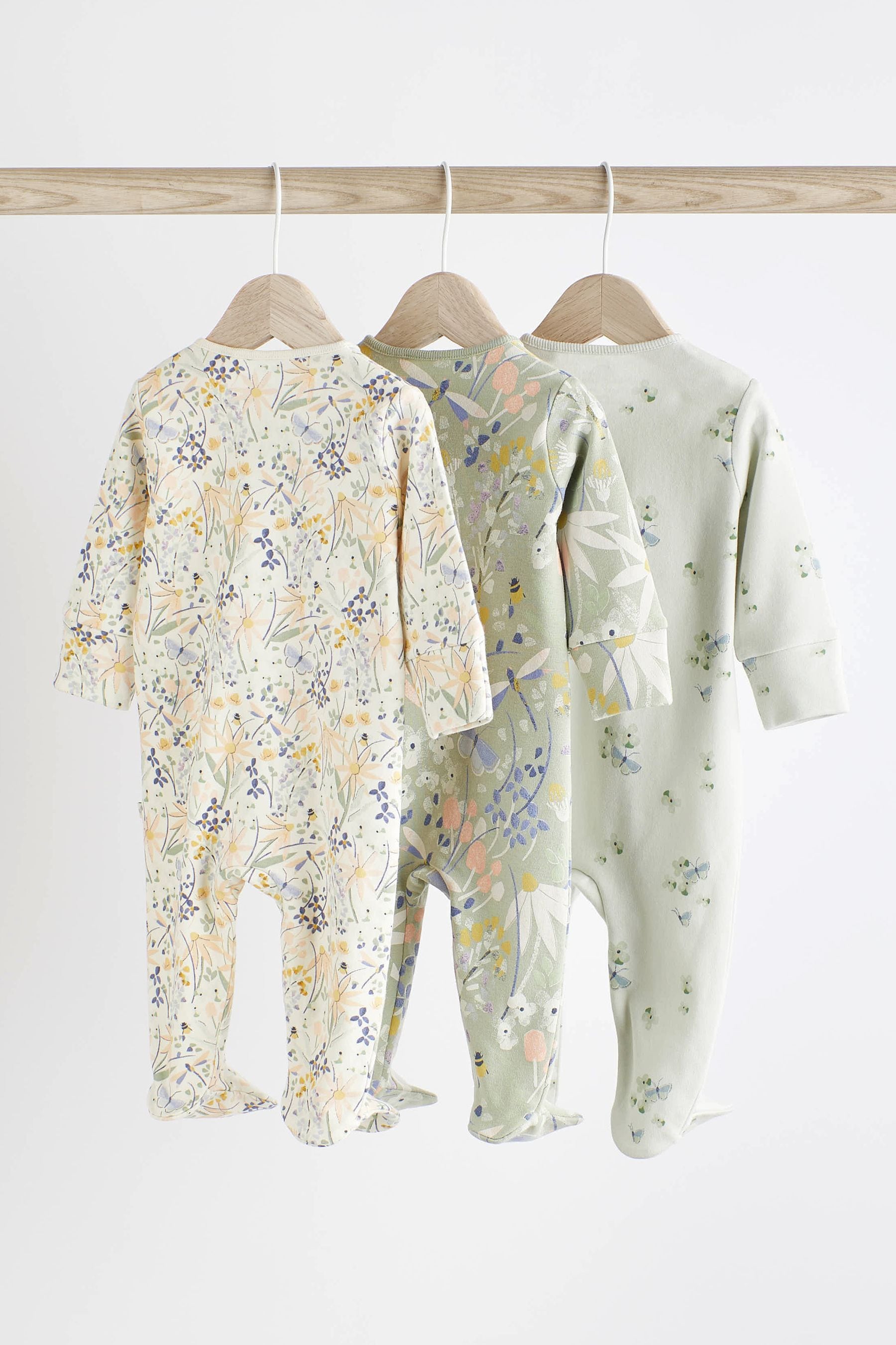 Mint Green Cotton Baby Zip Sleepsuits 3 Pack (0-2yrs)