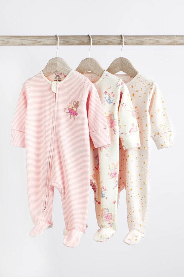 Pale Pink Cotton Baby Zip Sleepsuits 3 Pack (0mths-2yrs)