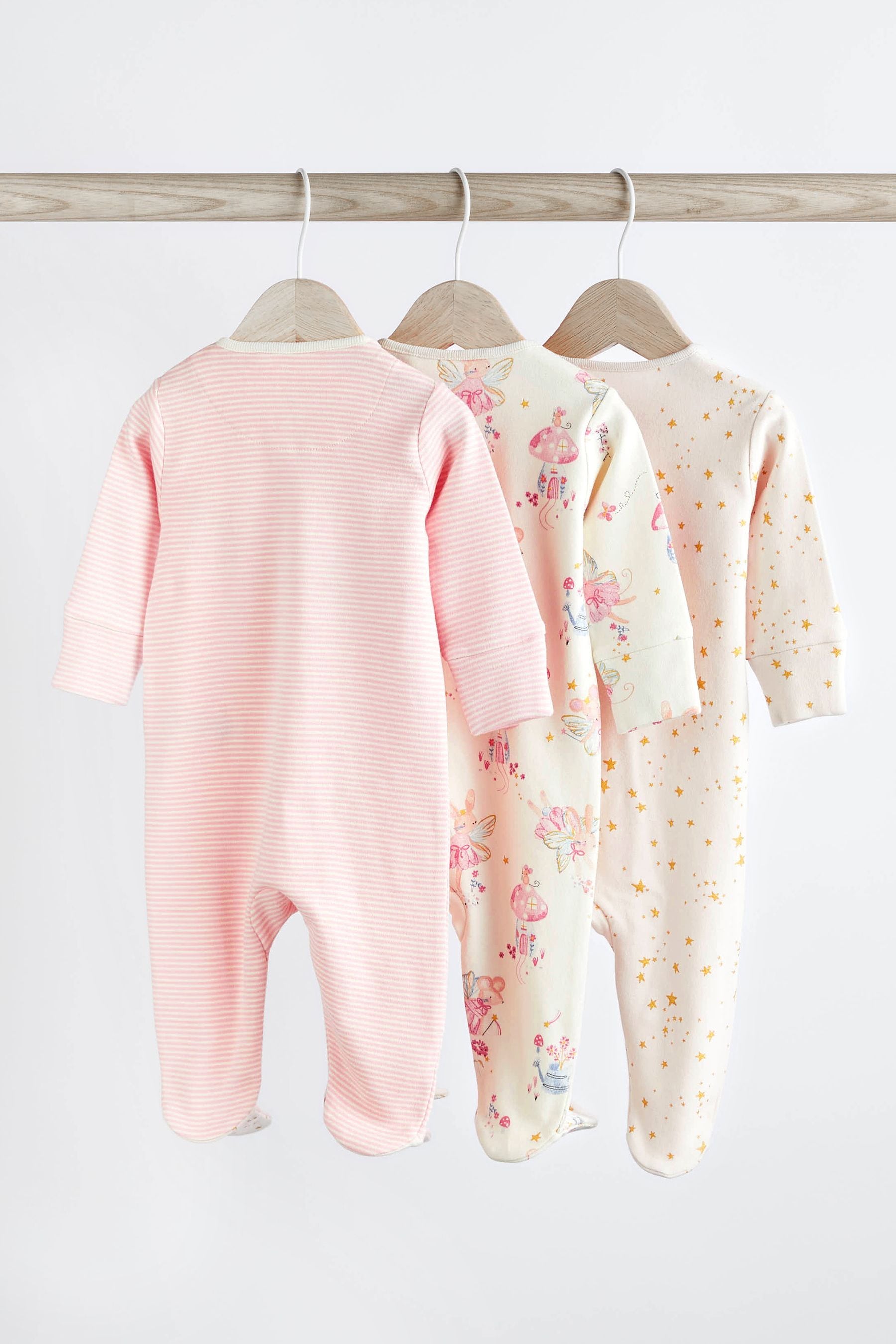 Pale Pink Cotton Baby Zip Sleepsuits 3 Pack (0mths-2yrs)