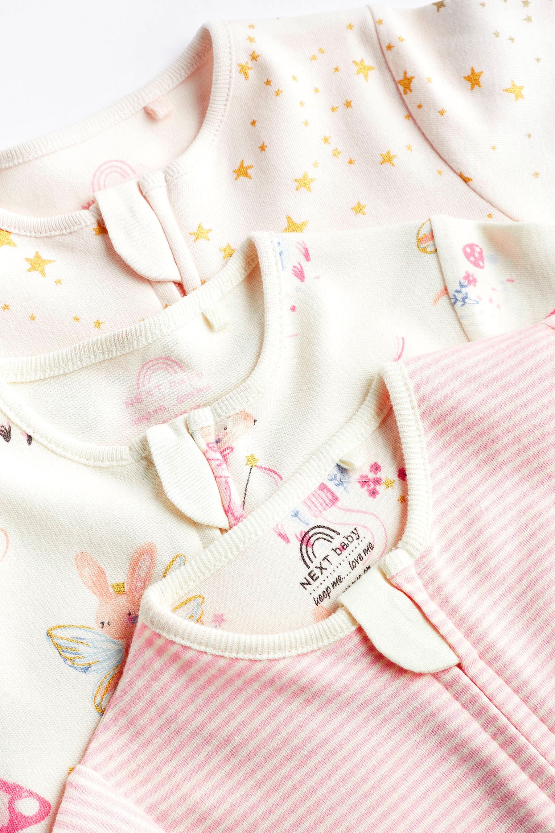 Pale Pink Cotton Baby Zip Sleepsuits 3 Pack (0mths-2yrs)