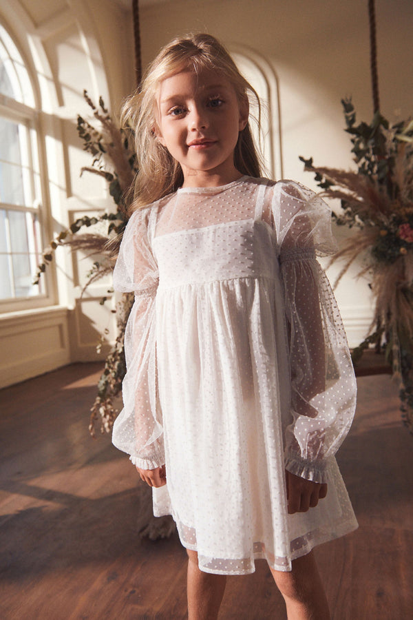 Ivory Cream Shirred Mesh Dress (3-16yrs)