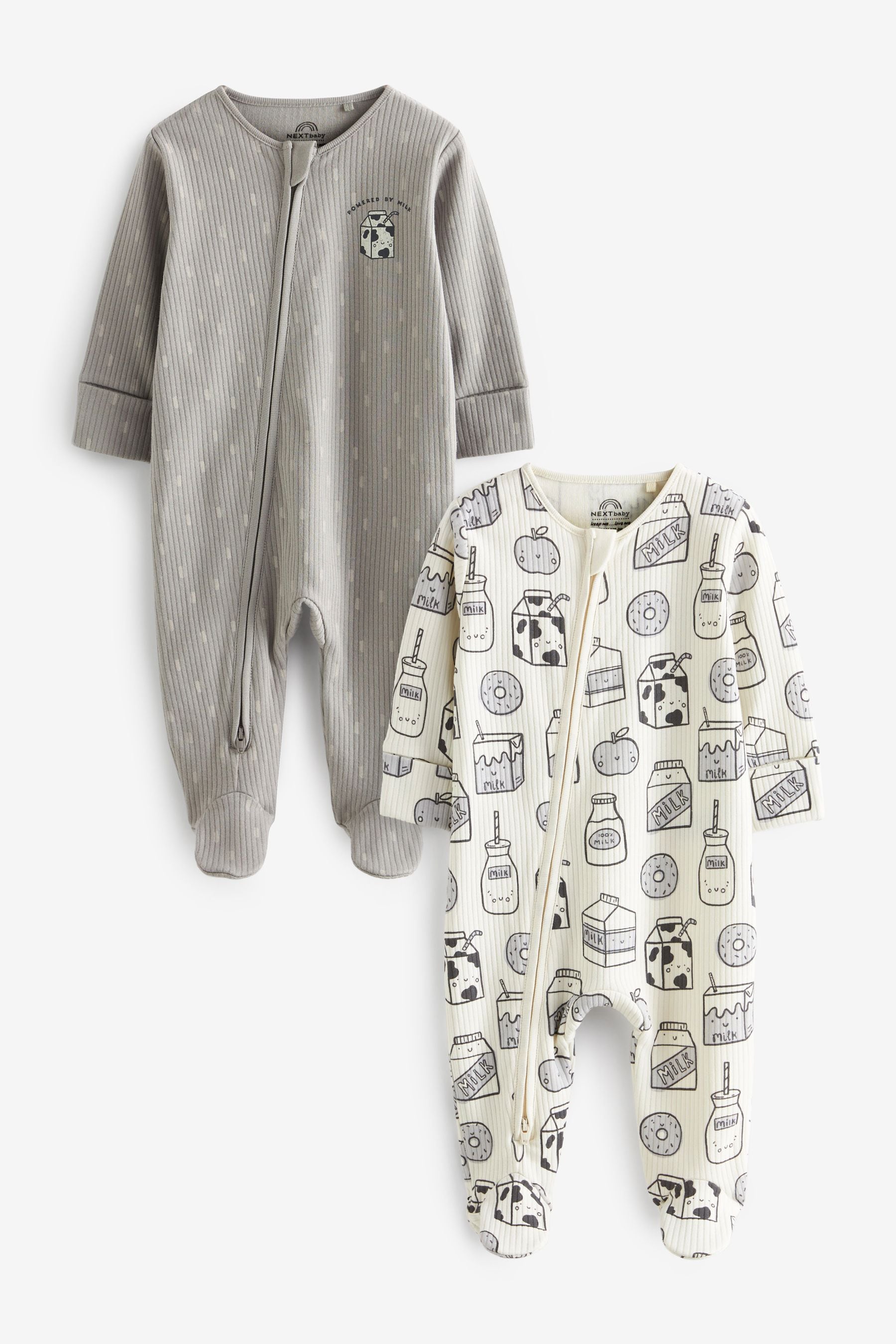 Grey 2 Way Zip Baby Cotton Sleepsuits 2 Pack (0mths-3yrs)