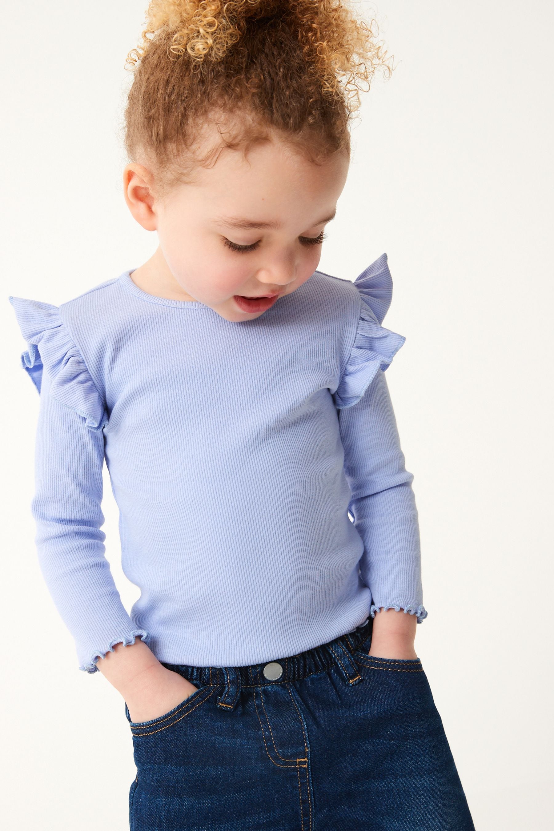 Pale Blue Long Sleeve Frill Rib Jersey Top (3mths-7yrs)