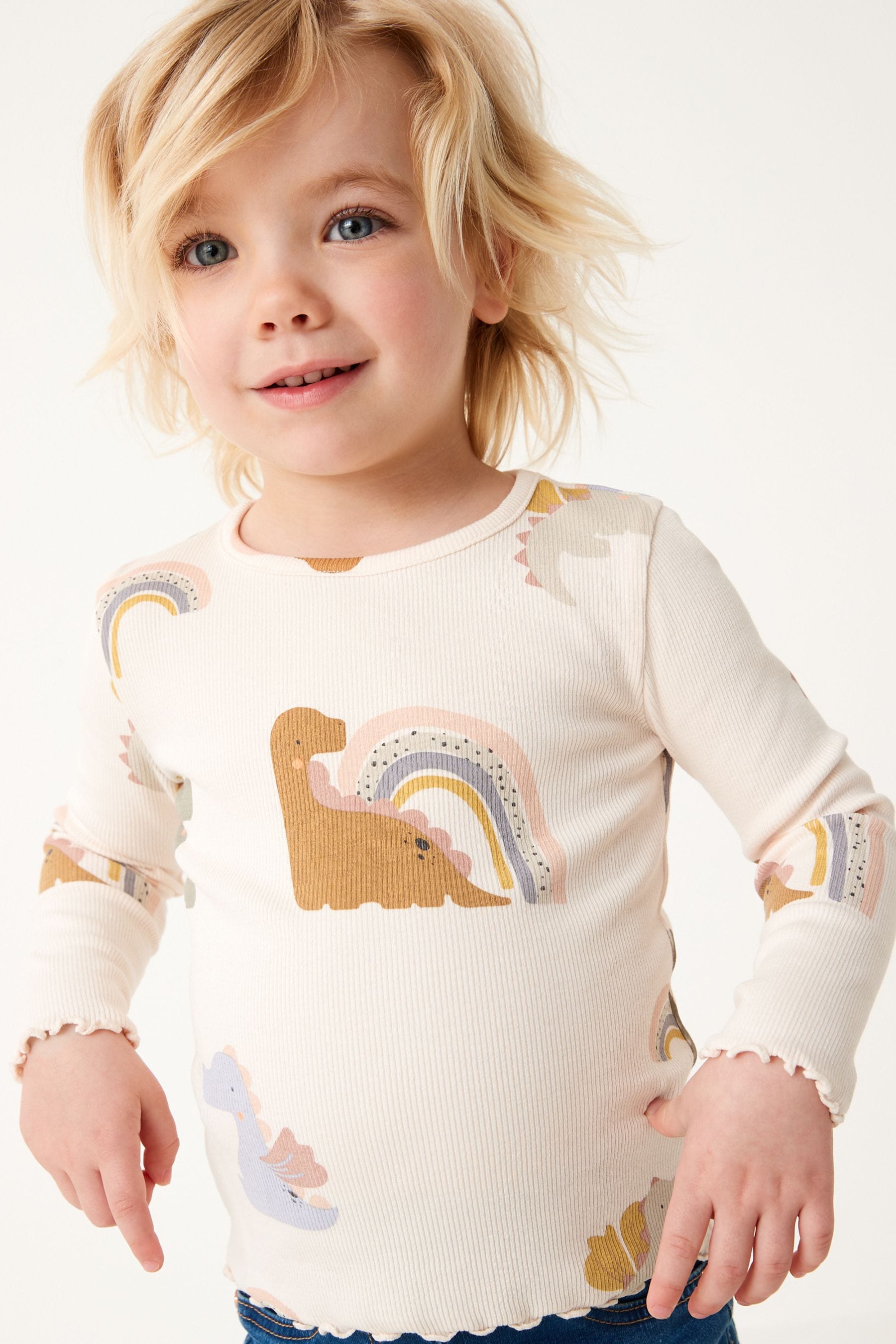 Cream Dinosaur Cotton Rich Long Sleeve Rib T-Shirt (3mths-7yrs)