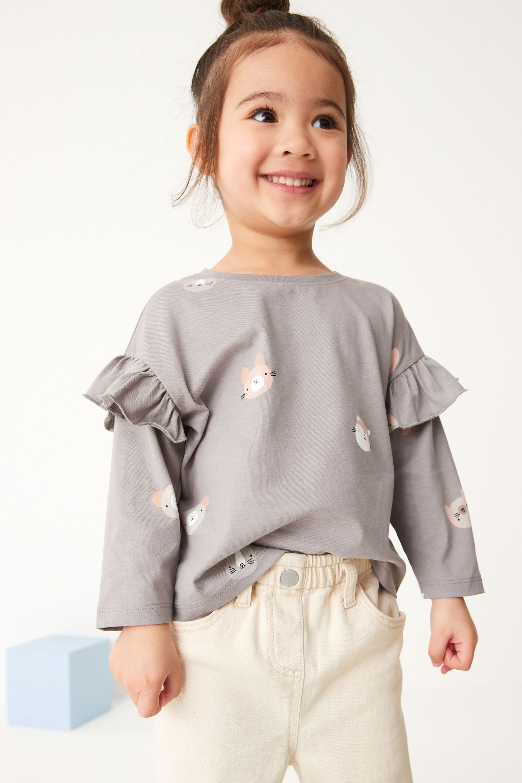 Grey Long Sleeve Frill Top (3mths-7yrs)