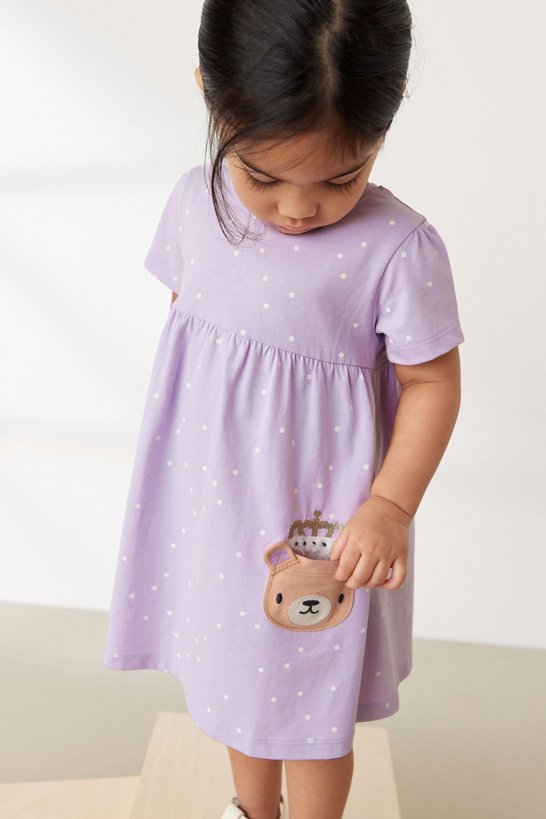 Lilac Bear Short Sleeve Cotton Jersey Dress (3mths-7yrs)