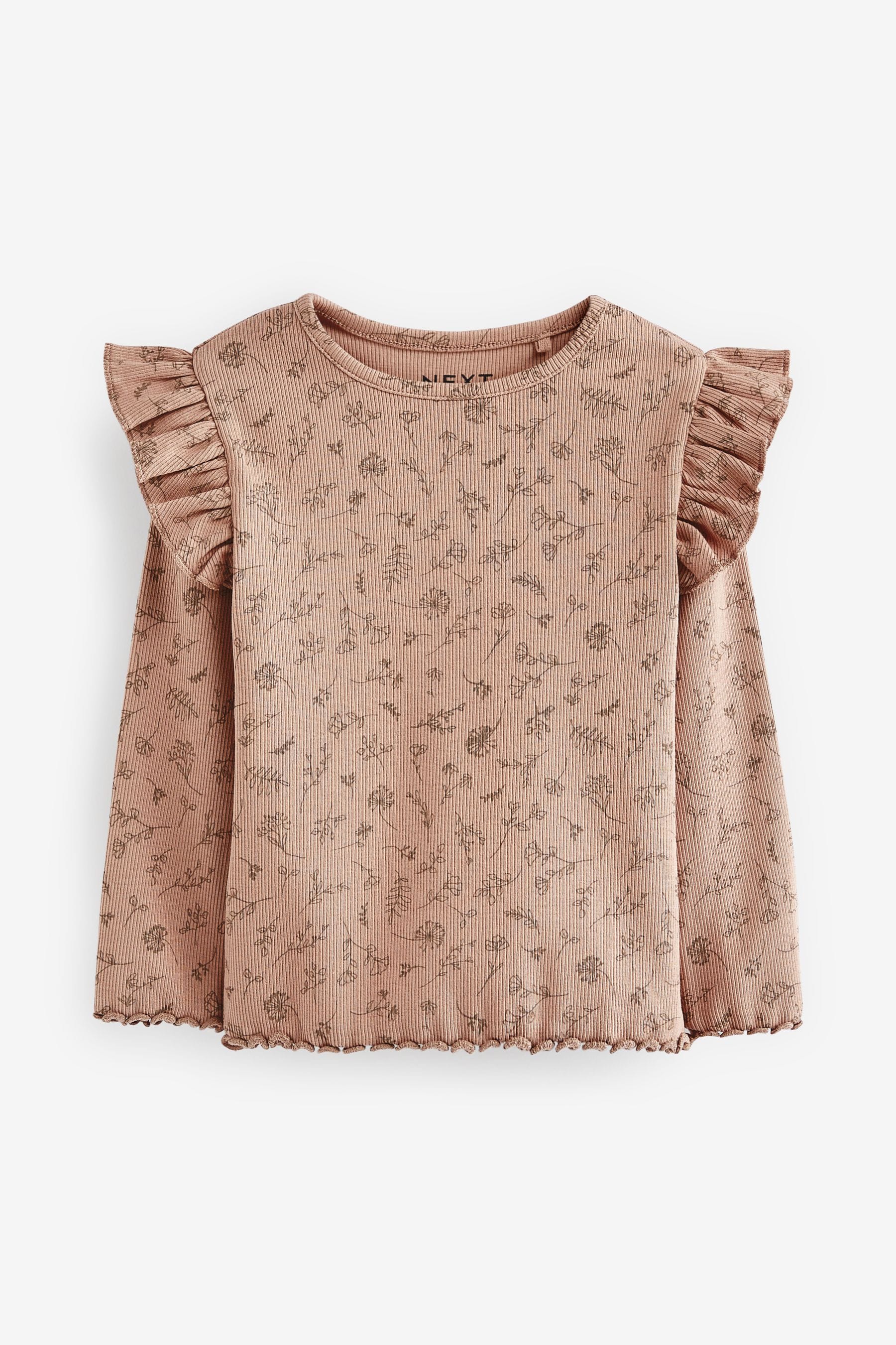 Neutral Flower Long Sleeve Frill Rib Jersey Top (3mths-7yrs)