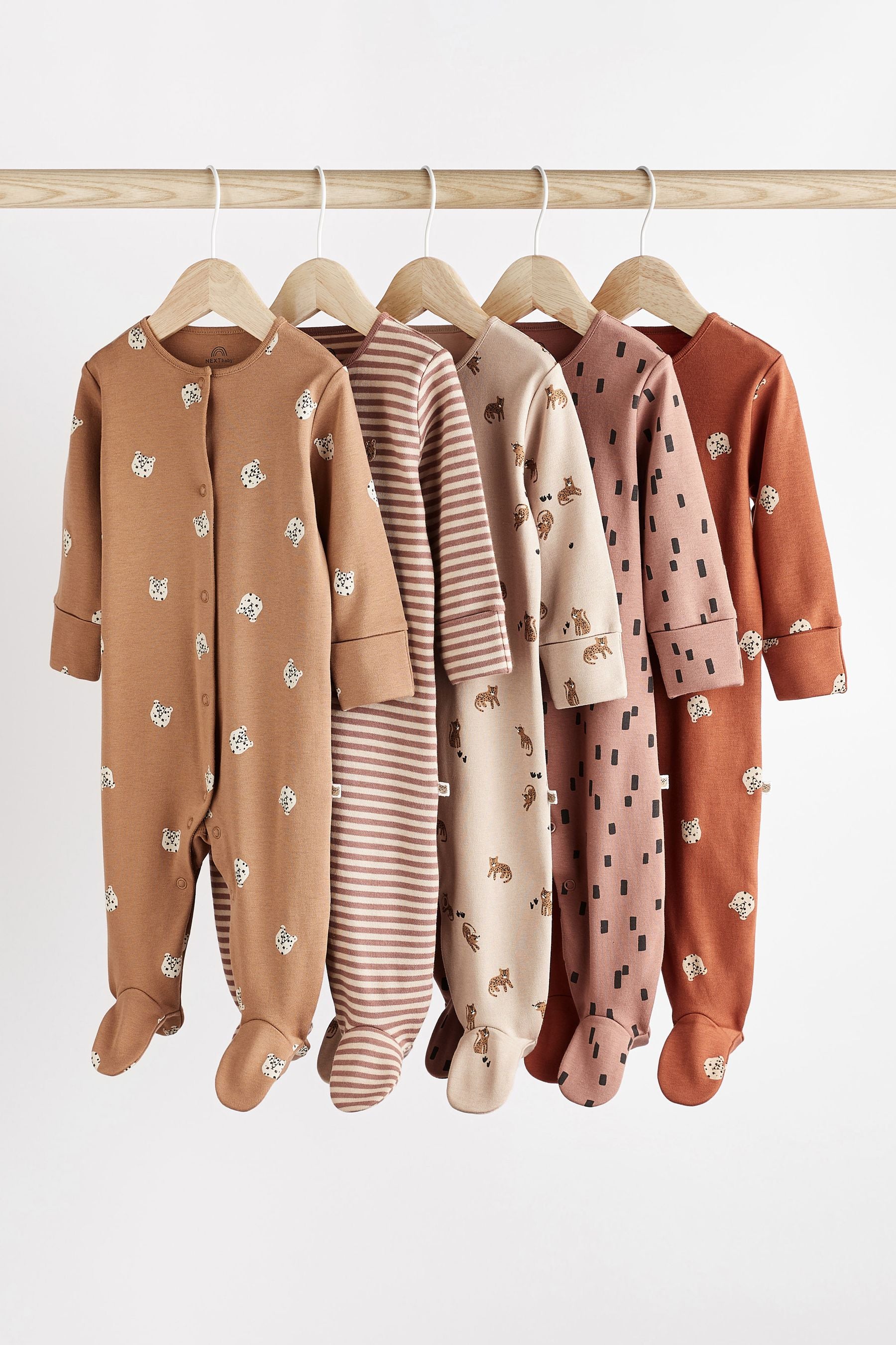 Tan Brown Baby Cotton Sleepsuits 5 Pack (0-2yrs)