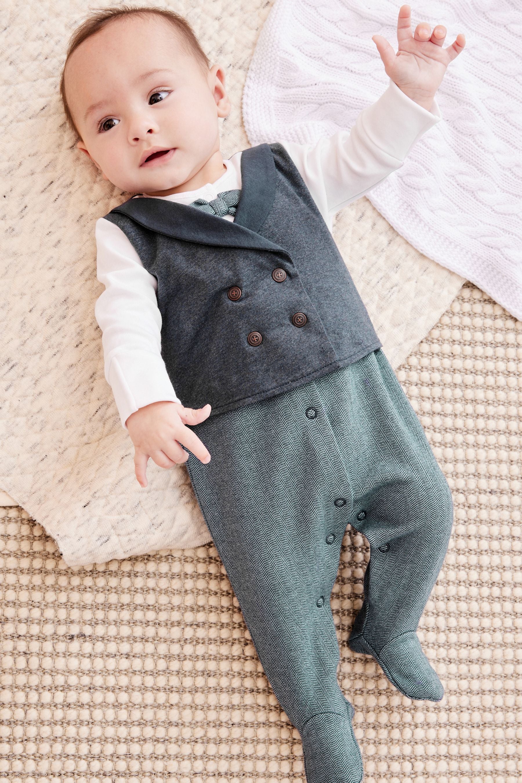 Navy Blue Smart Baby Waistcoat Sleepsuit (0mths-2yrs)