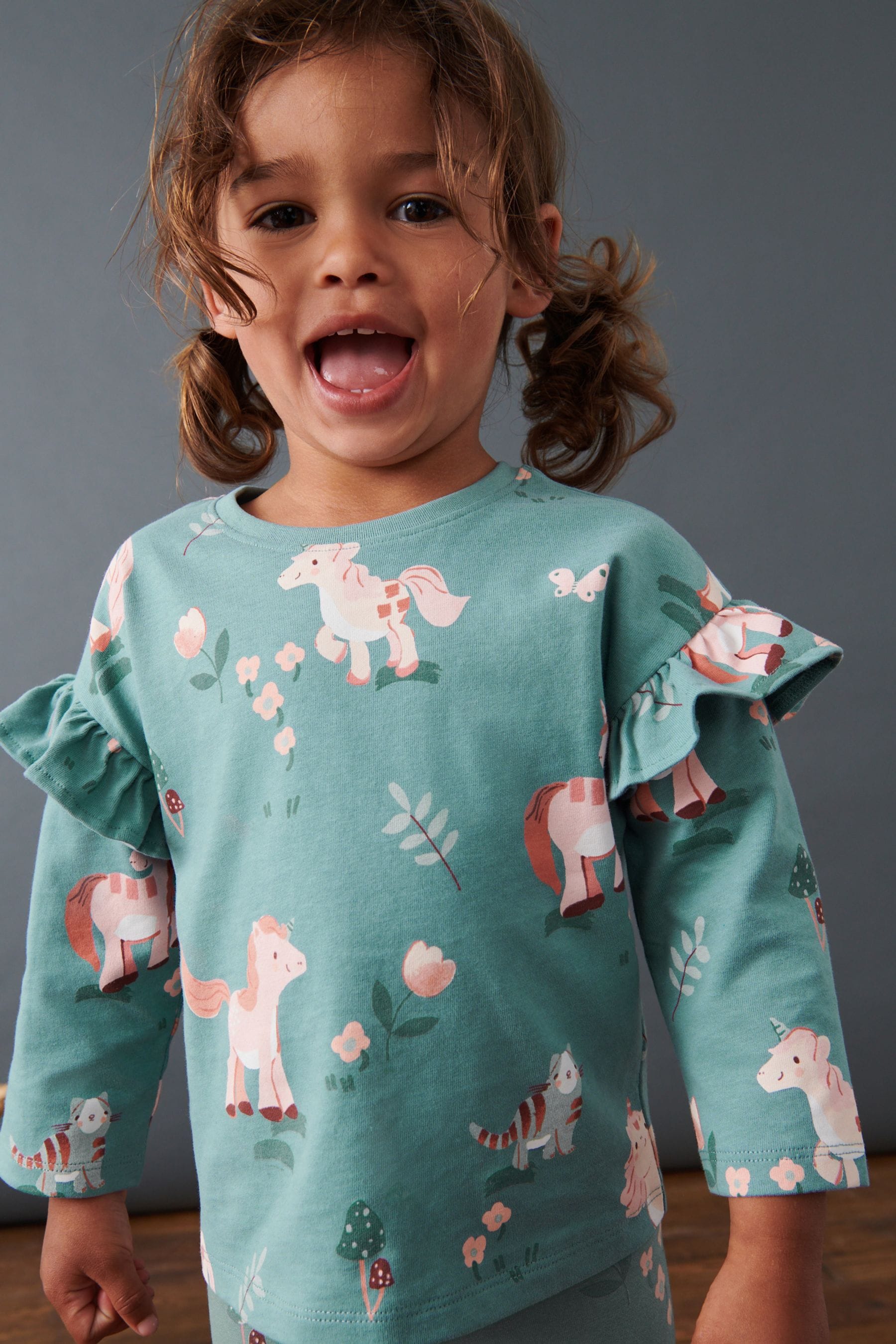 Green Unicorn Long Sleeve Frill Top (3mths-7yrs)