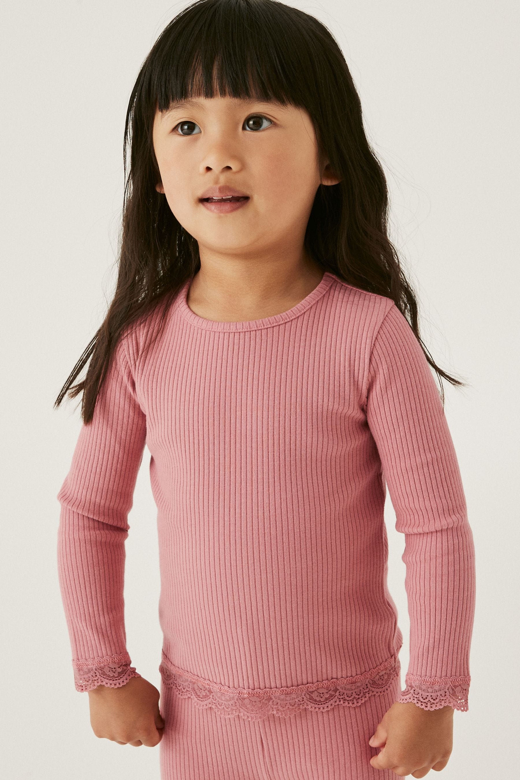 Rose Pink Long Sleeve Lace Trim Rib T-Shirt (3mths-7yrs)