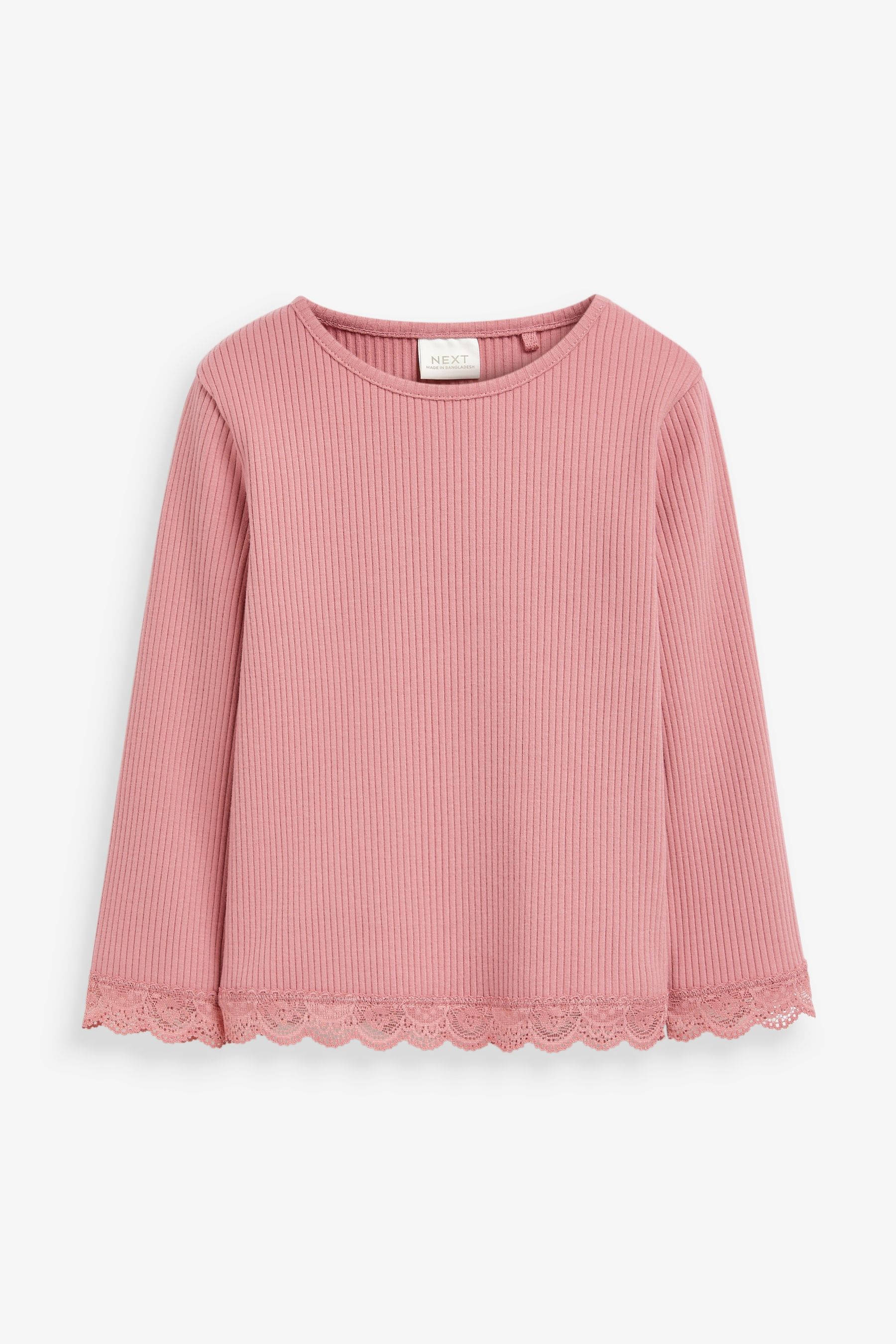 Rose Pink Long Sleeve Lace Trim Rib T-Shirt (3mths-7yrs)