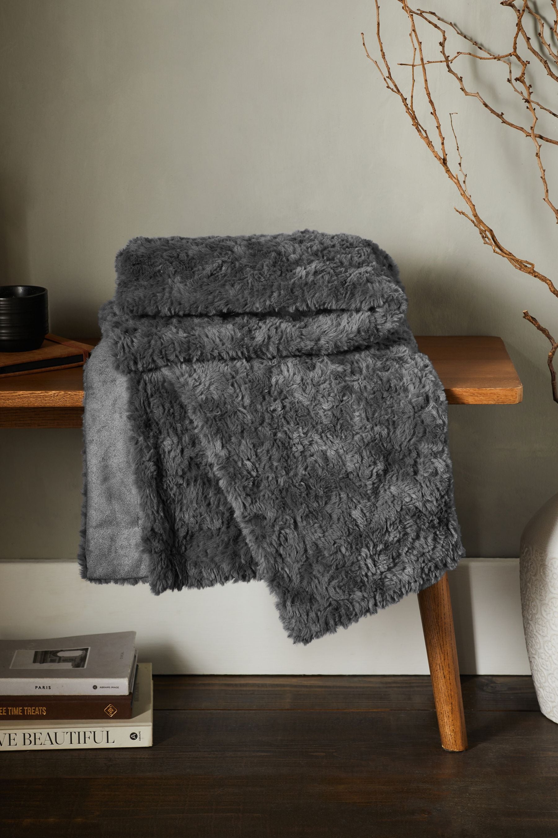 Grey Mila Cosy Textured Faux Fur Throw