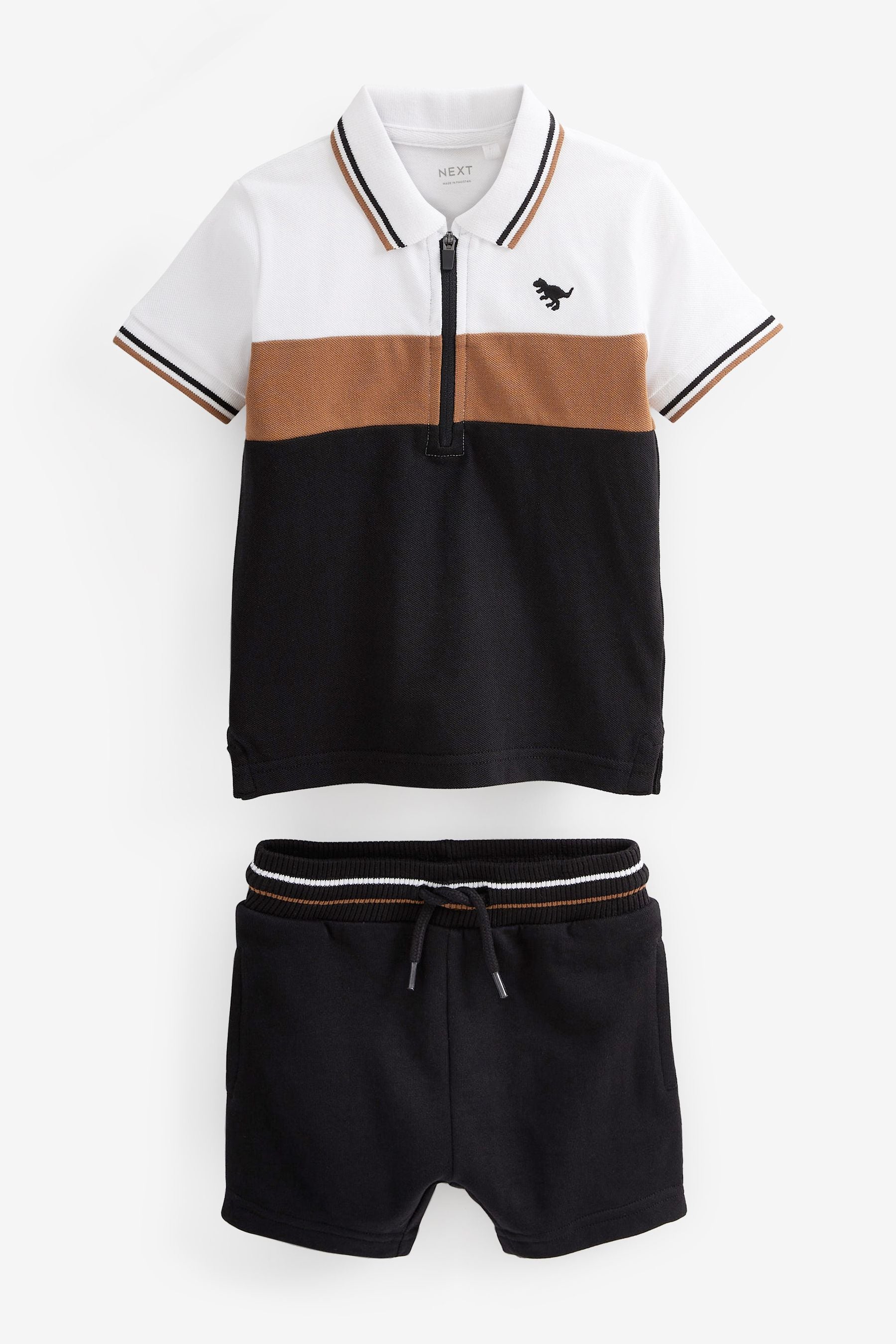 Black/White Colourblock Short Sleeve Jersey Zip Neck Polo Shirt And Shorts Set (3mths-7yrs)