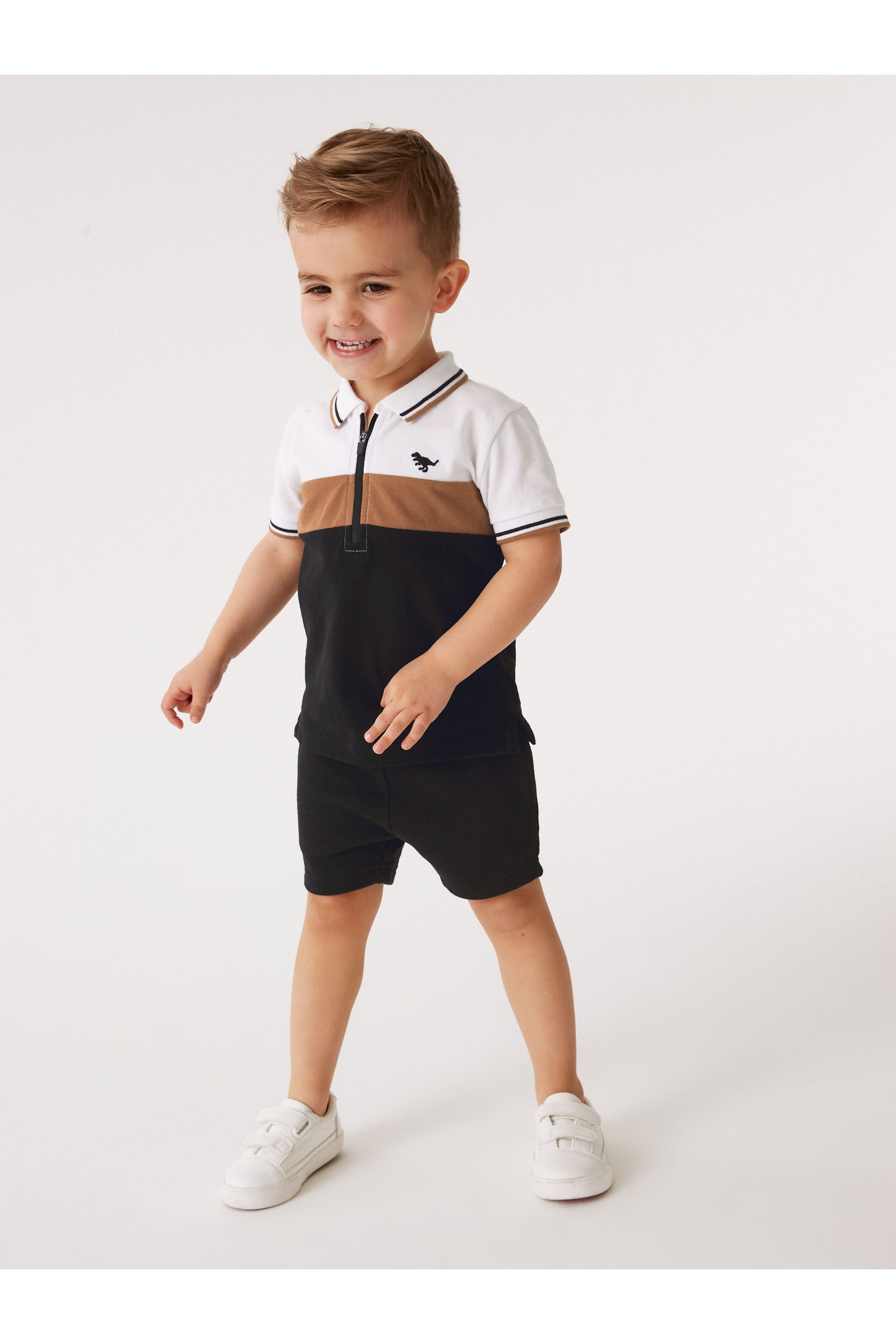 Black/White Colourblock Short Sleeve Jersey Zip Neck Polo Shirt And Shorts Set (3mths-7yrs)