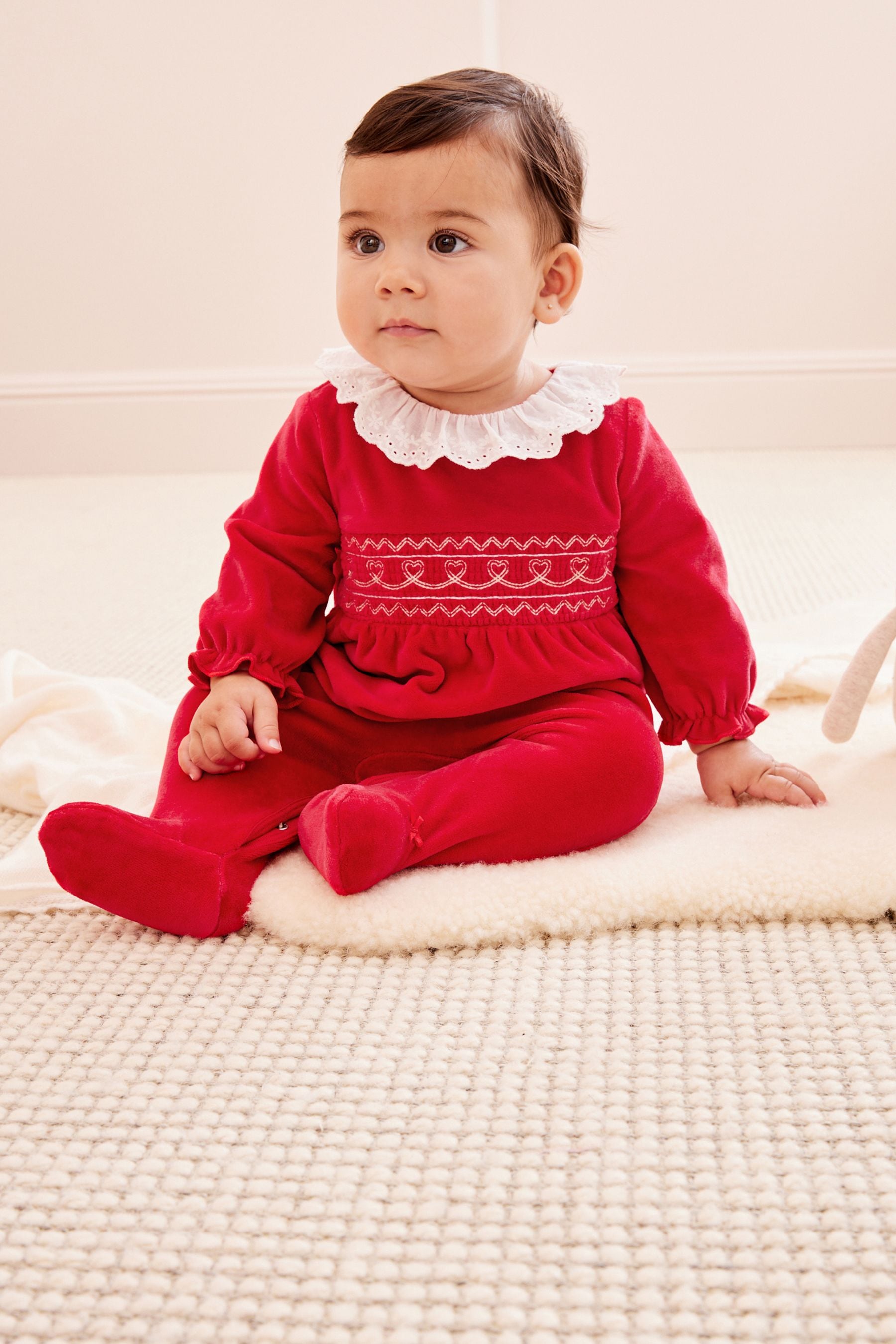 Red Velour Collared Baby Sleepsuit (0mths-3yrs)