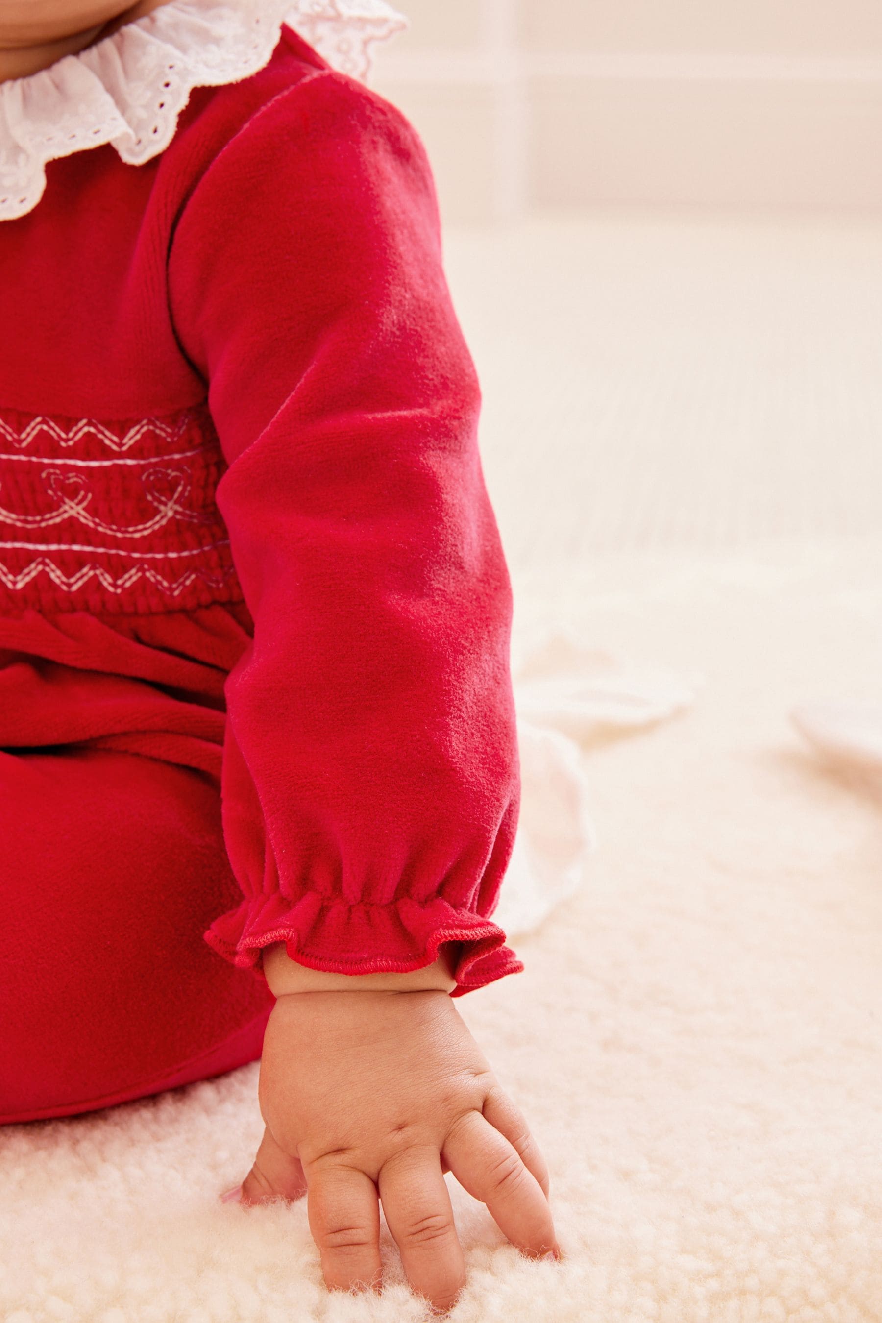 Red Velour Collared Baby Sleepsuit (0mths-3yrs)