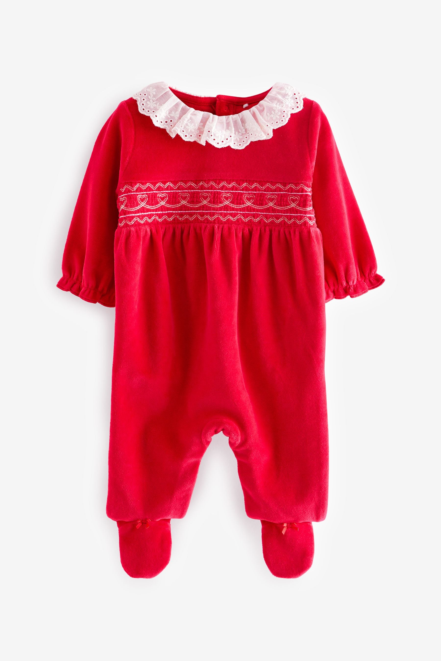 Red Velour Collared Baby Sleepsuit (0mths-3yrs)