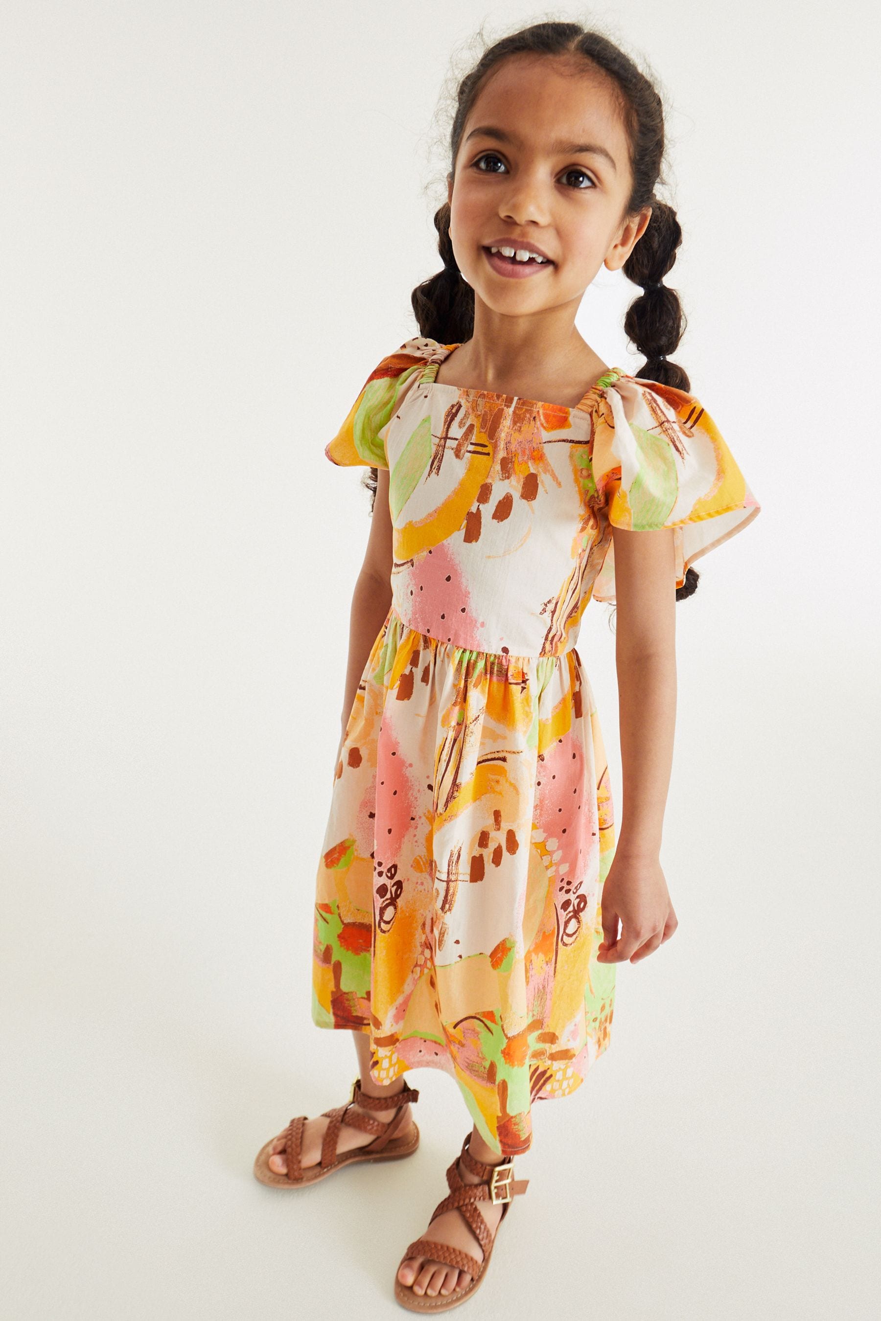 Orange Angel Sleeve Button Summer Dress (3-16yrs)