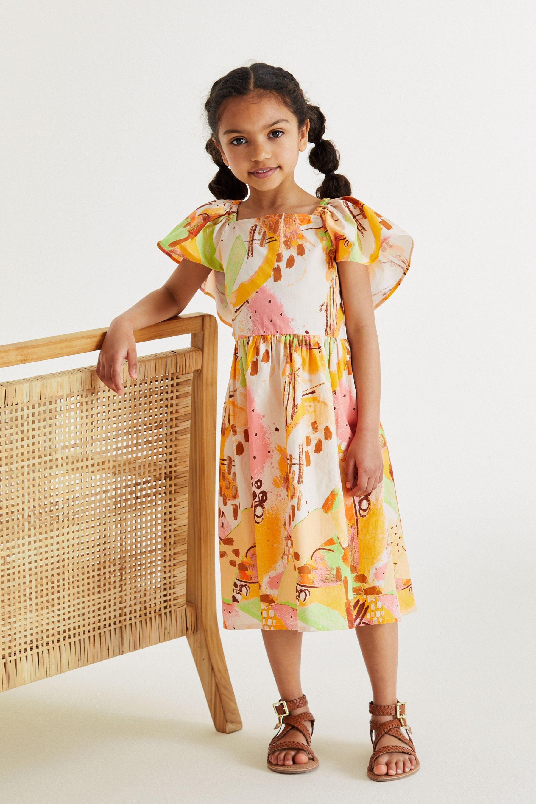 Orange Angel Sleeve Button Summer Dress (3-16yrs)