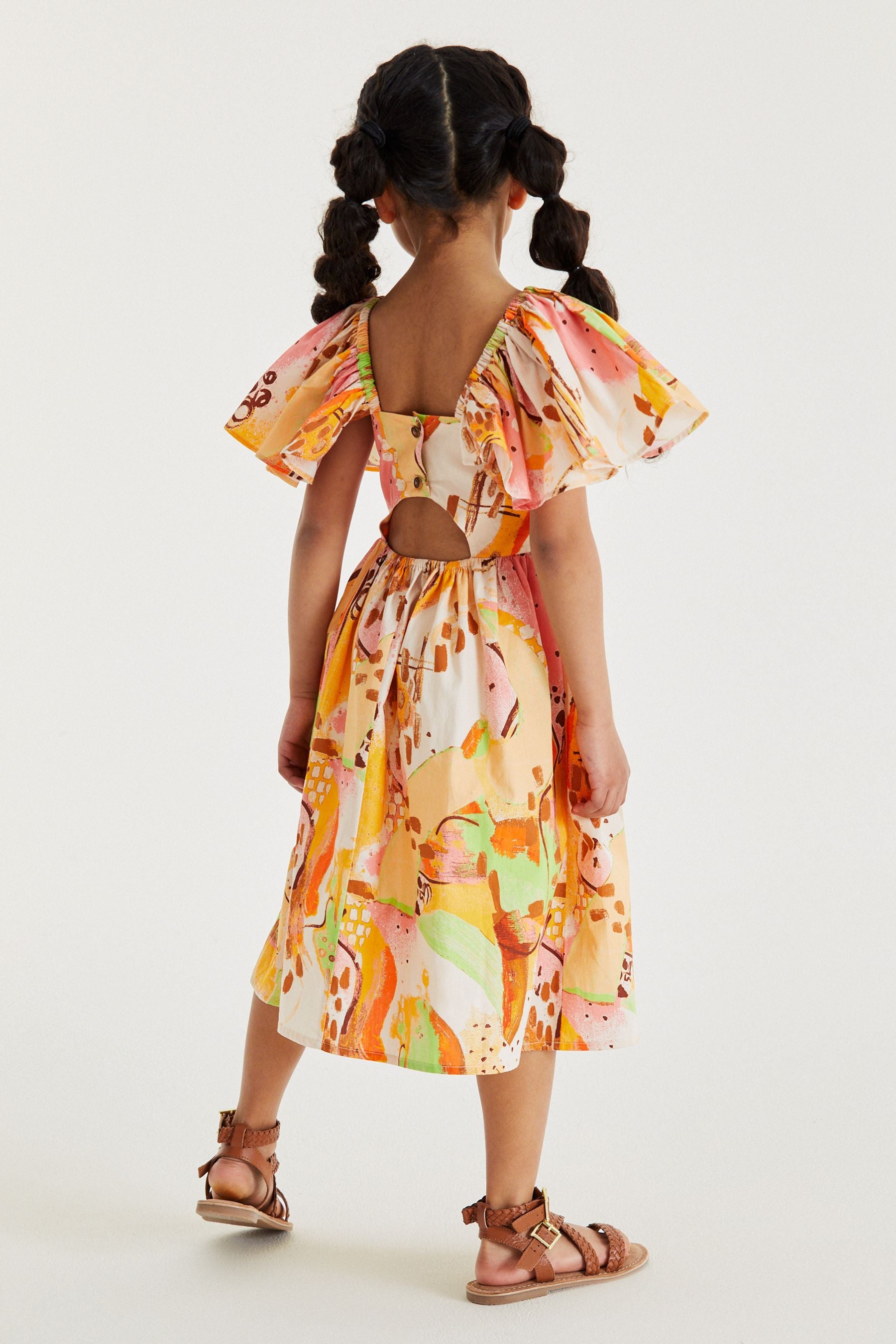 Orange Angel Sleeve Button Summer Dress (3-16yrs)