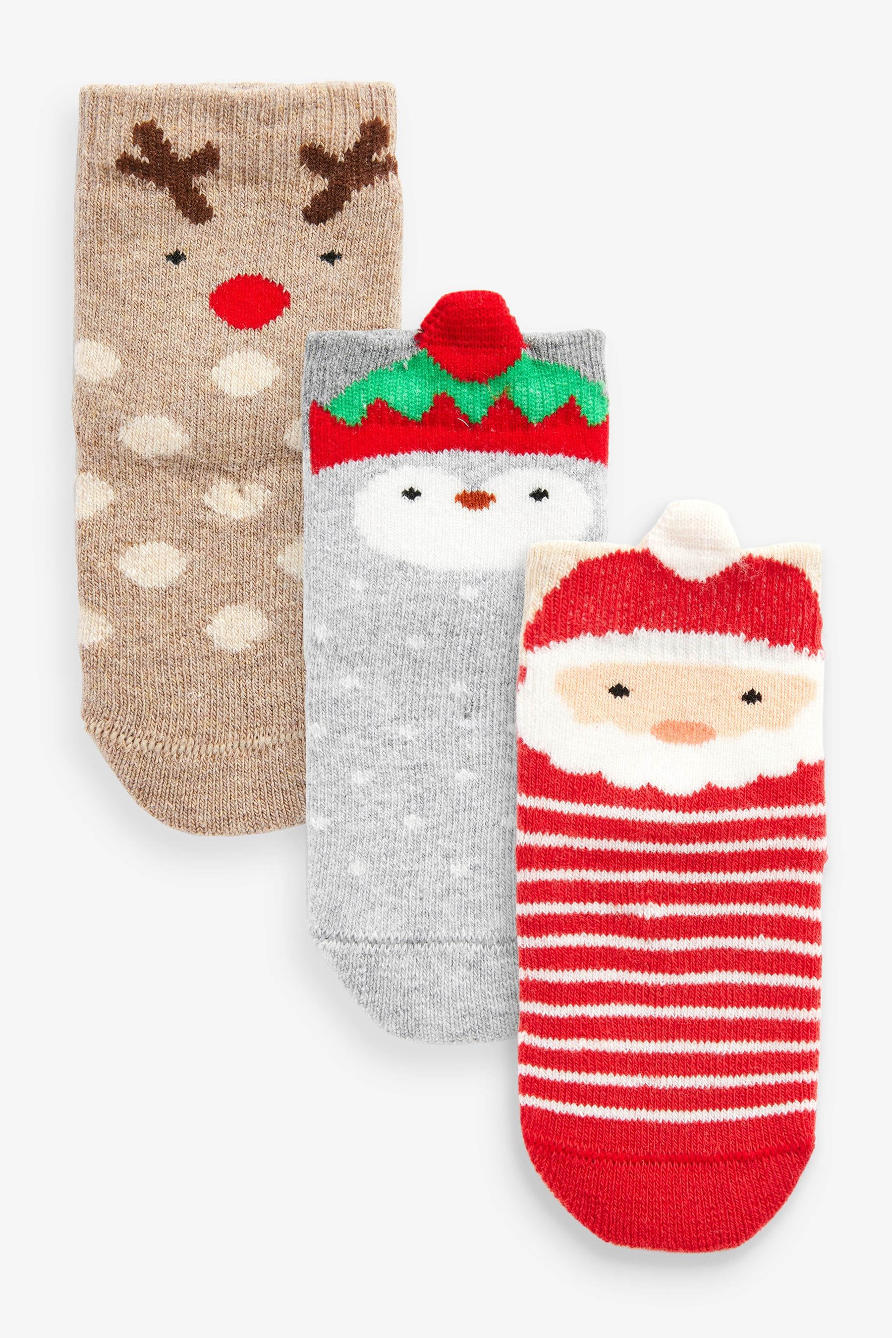 Red Terry Towelling Christmas Character Baby Socks 3 Pack (0mths-2yrs)