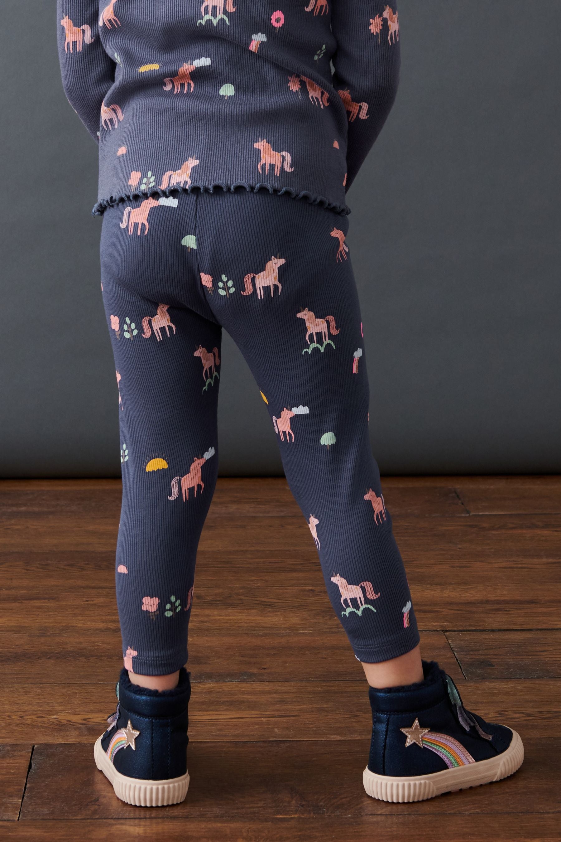 Navy Unicorn Rib Jersey Leggings (3mths-7yrs)