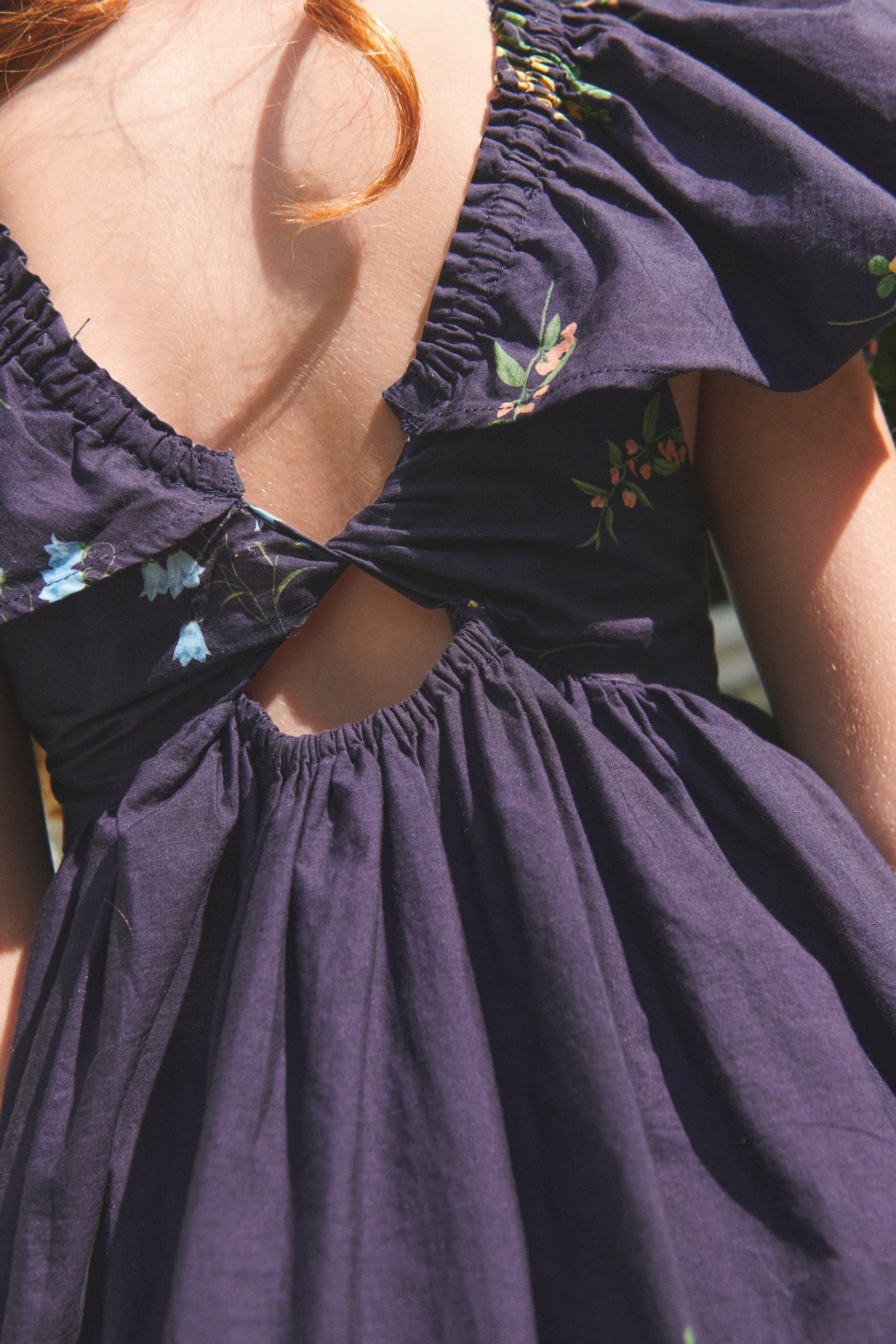 Navy Blue Border Floral Ruffle Cotton Dress (3-16yrs)