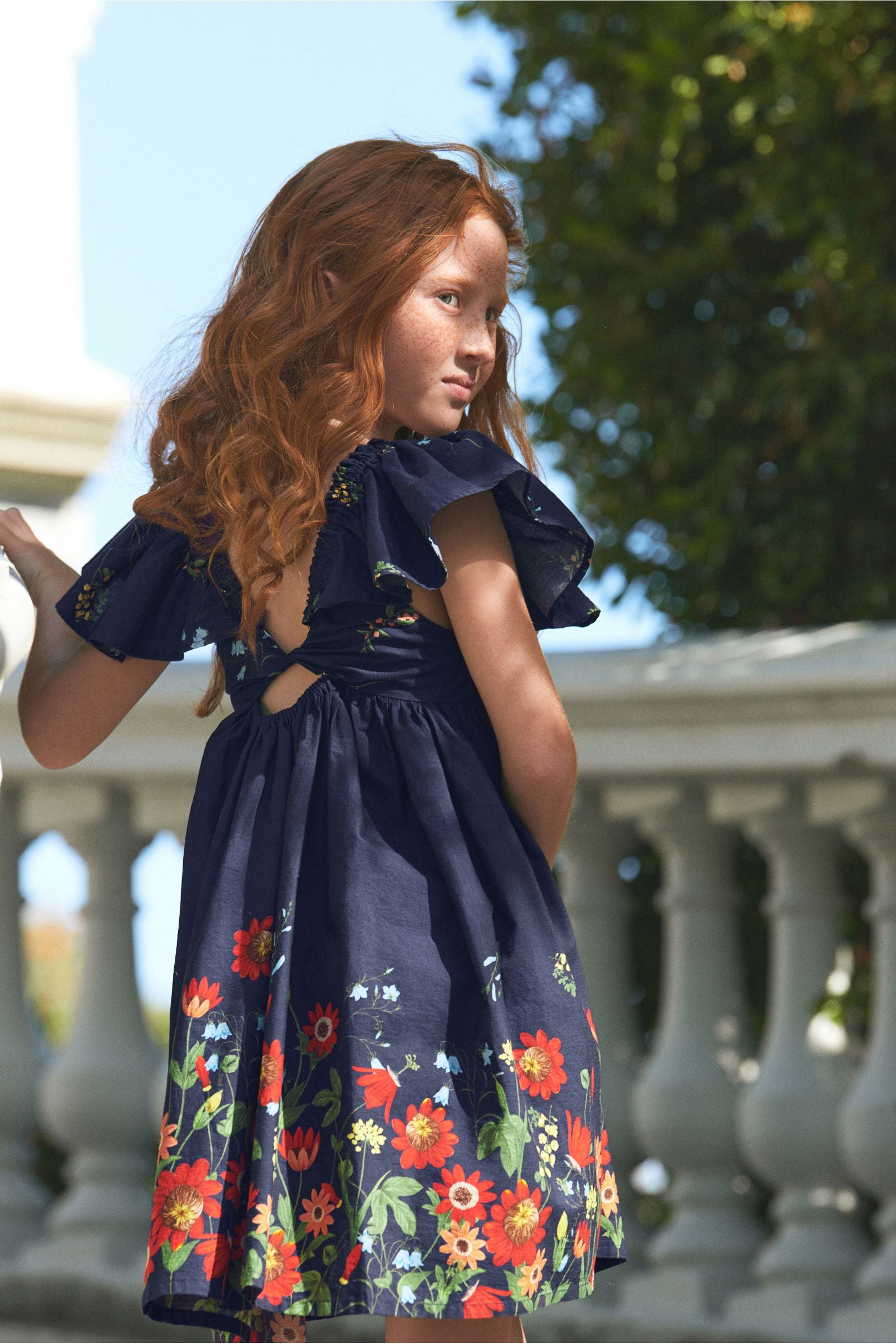 Navy Blue Border Floral Ruffle Cotton Dress (3-16yrs)