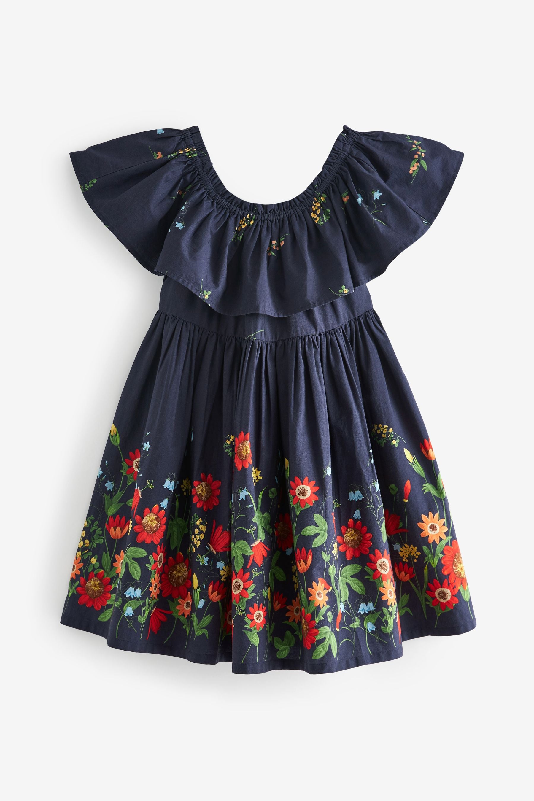 Navy Blue Border Floral Ruffle Cotton Dress (3-16yrs)