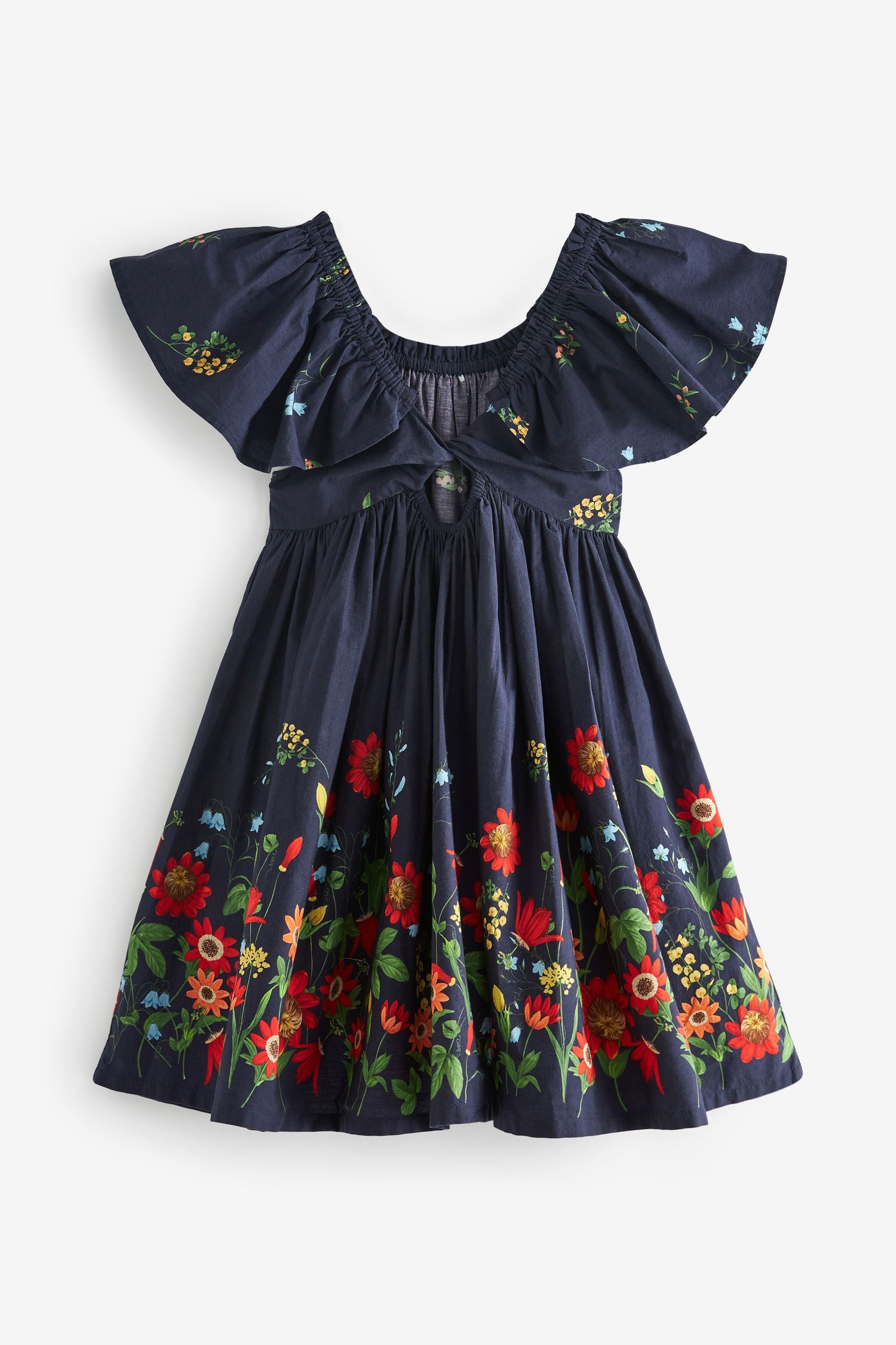 Navy Blue Border Floral Ruffle Cotton Dress (3-16yrs)