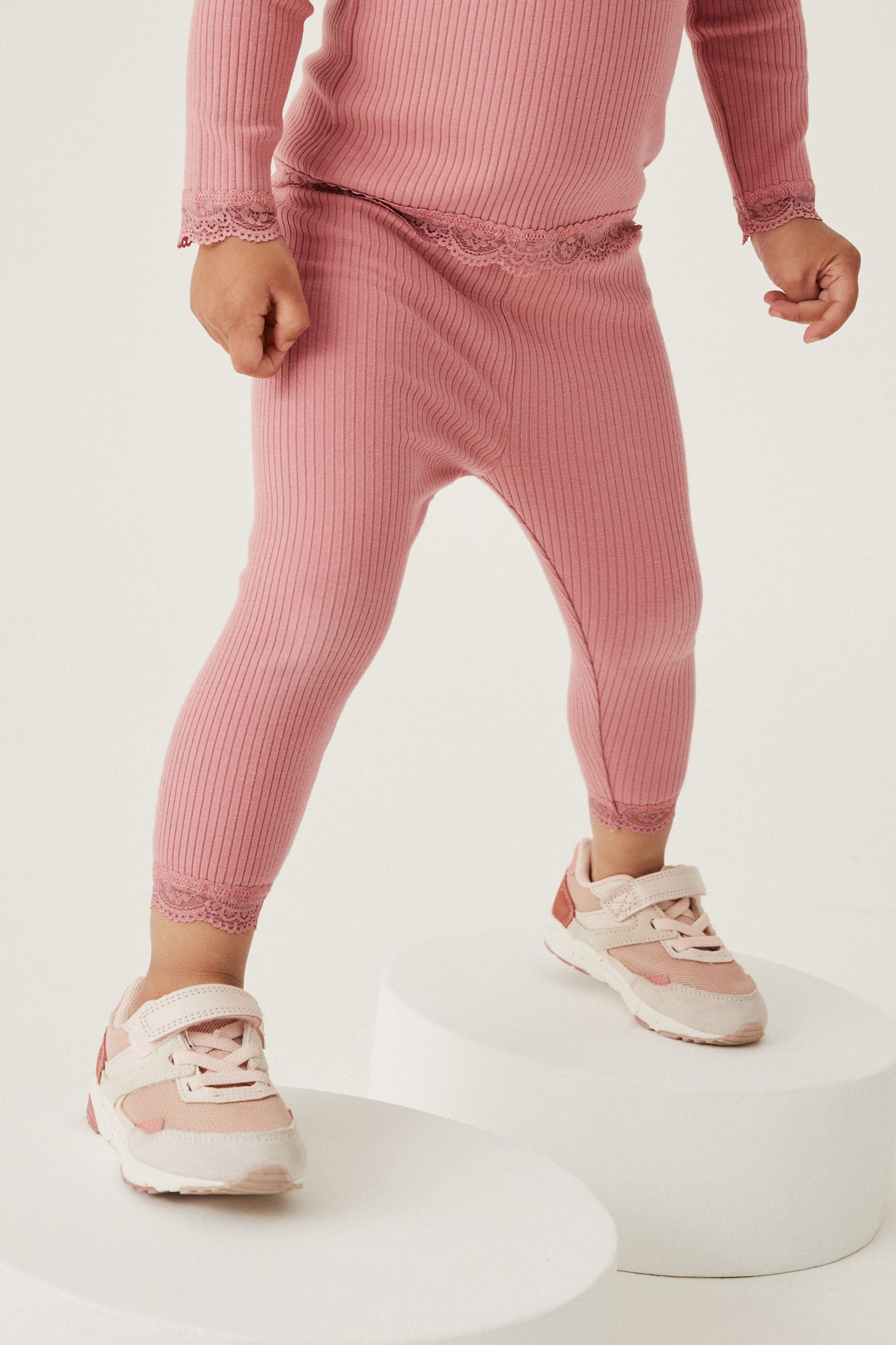 Pink Ribbed Lace Trim Leggings (3mths-7yrs)