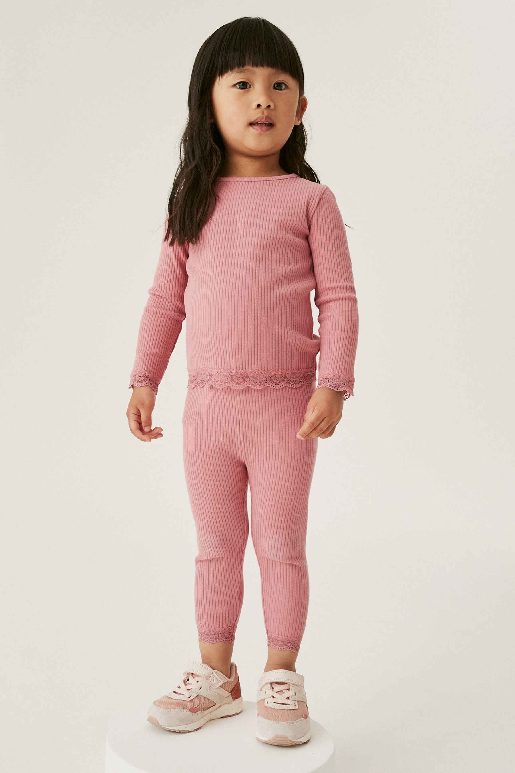 Pink Ribbed Lace Trim Leggings (3mths-7yrs)