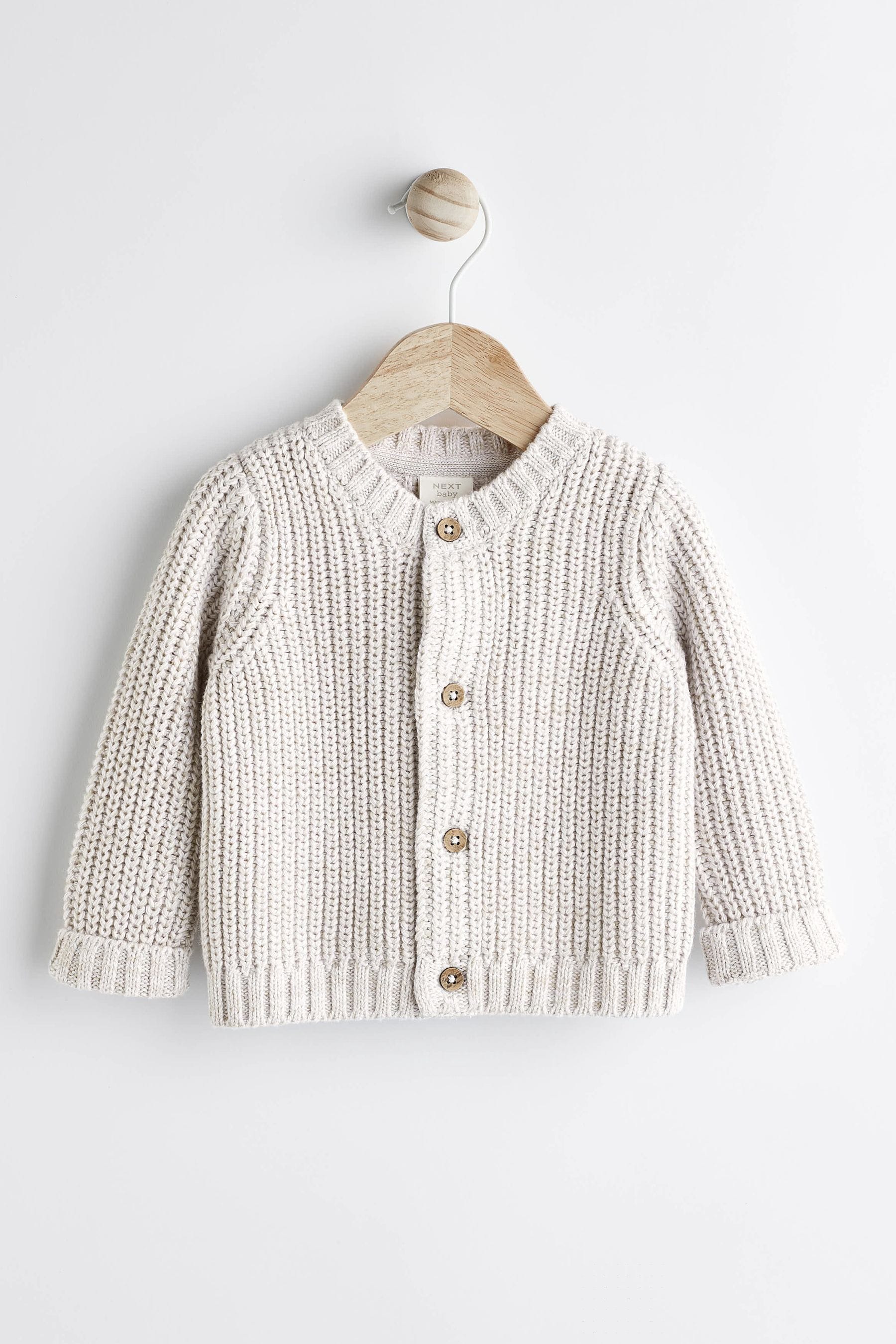 Cream Born in 2024 Brown Chunky Knitted Embroidered Baby Cardigan