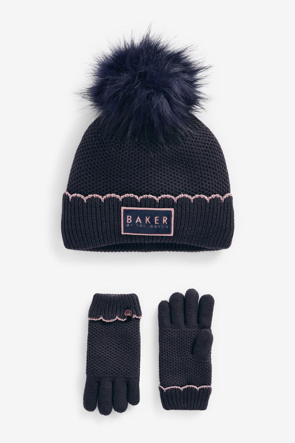 Navy Baker by Ted Baker Navy Girls Scallop Edge Pom Hat and Gloves Set