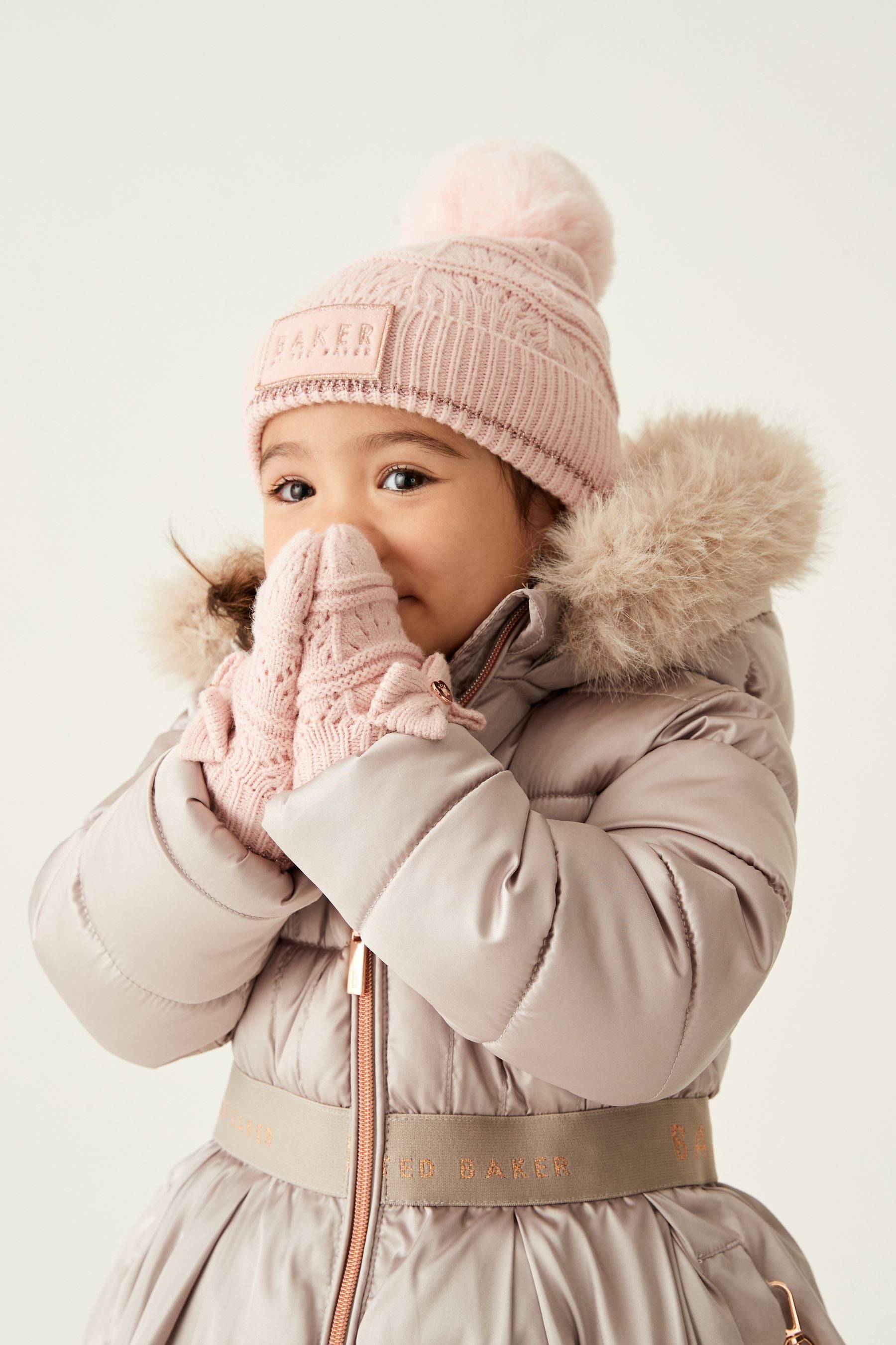 Pink Baker by Ted Baker Girls Pink Scallop Knitted Pom Hat and Mittens Set