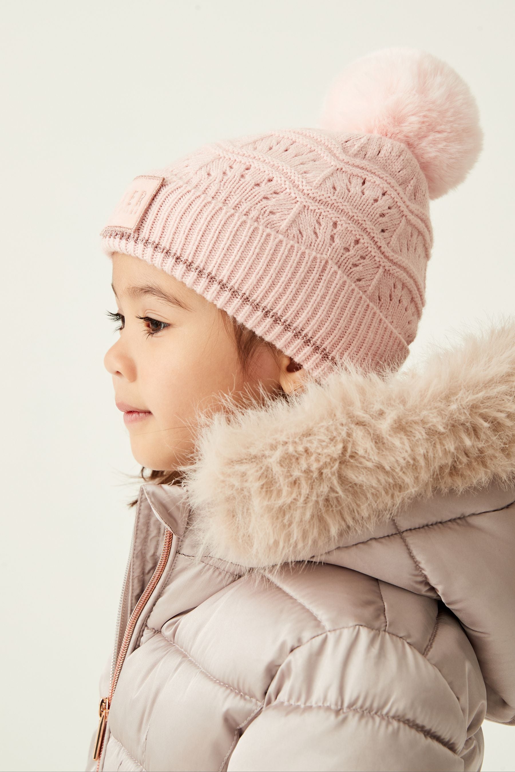 Pink Baker by Ted Baker Girls Pink Scallop Knitted Pom Hat and Mittens Set