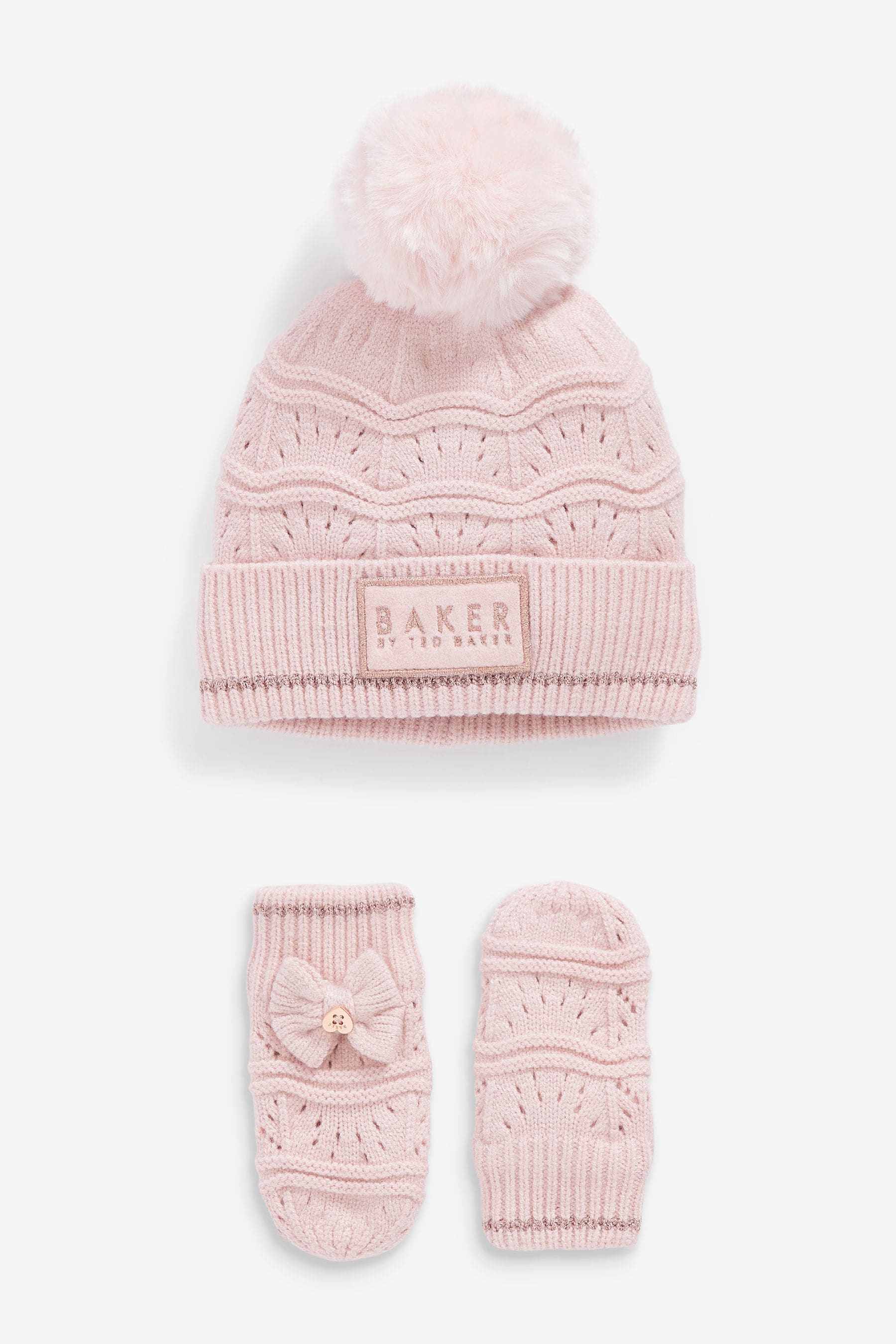 Pink Baker by Ted Baker Girls Pink Scallop Knitted Pom Hat and Mittens Set