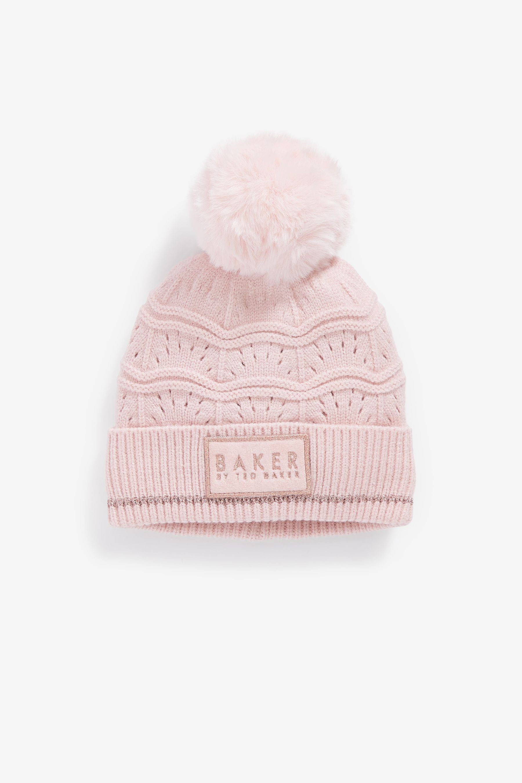 Pink Baker by Ted Baker Girls Pink Scallop Knitted Pom Hat and Mittens Set