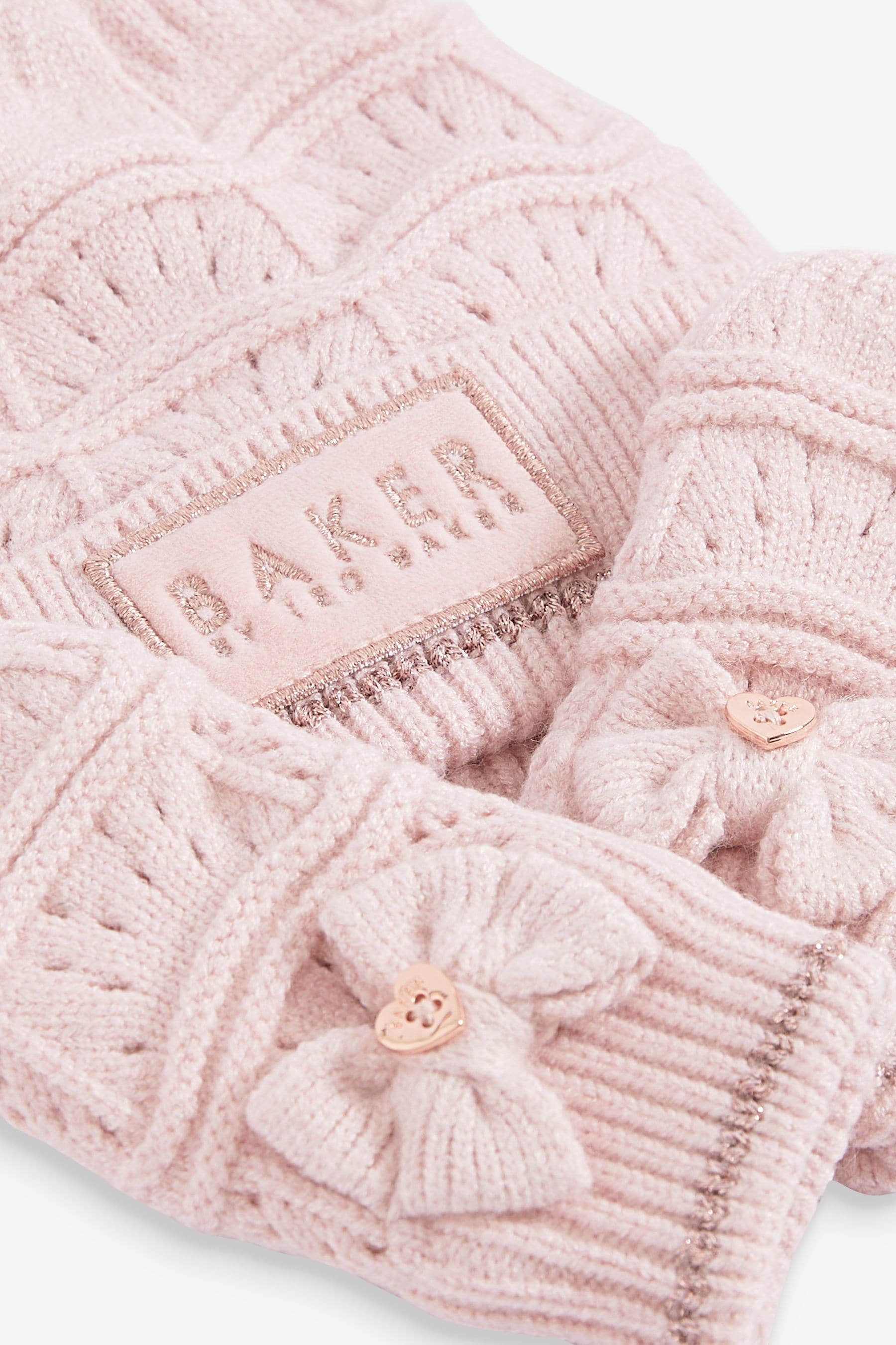 Pink Baker by Ted Baker Girls Pink Scallop Knitted Pom Hat and Mittens Set