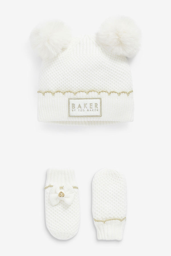 Cream Baker by Ted Baker Girls Cream Double Pom Hat and Mittens Set