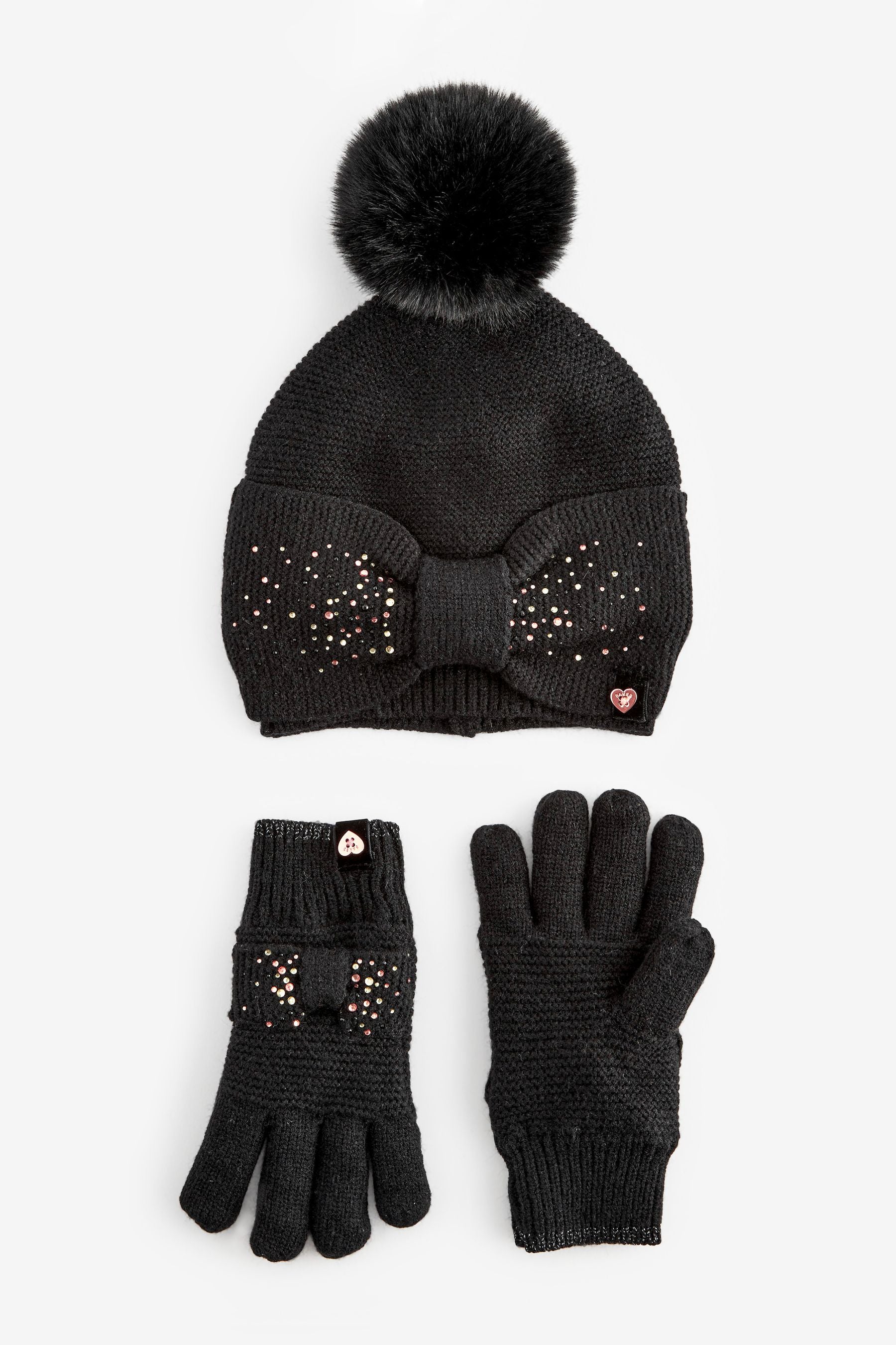 Black Baker by Ted Baker Girls Black Sparkly Diamanté Hat and Gloves Set