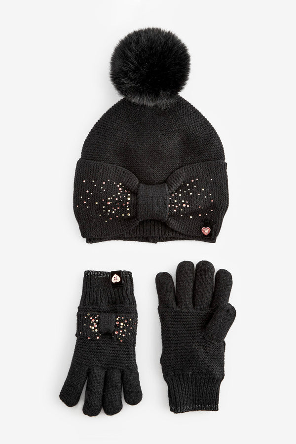 Black Baker by Ted Baker Girls Black Sparkly Diamant?© Hat and Gloves Set