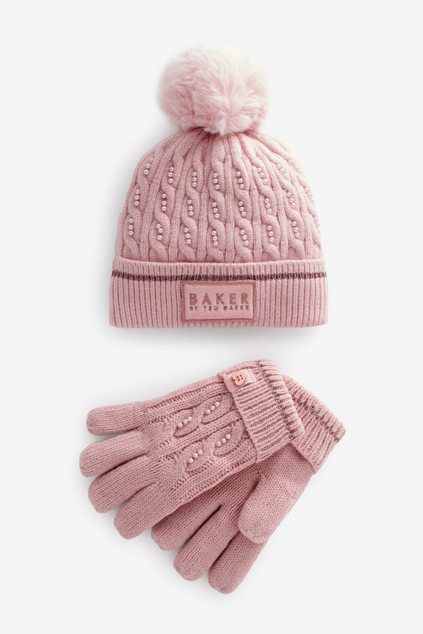 Pink Baker by Ted Baker Girls Pink Pearl Studded Pom Hat and Gloves Set