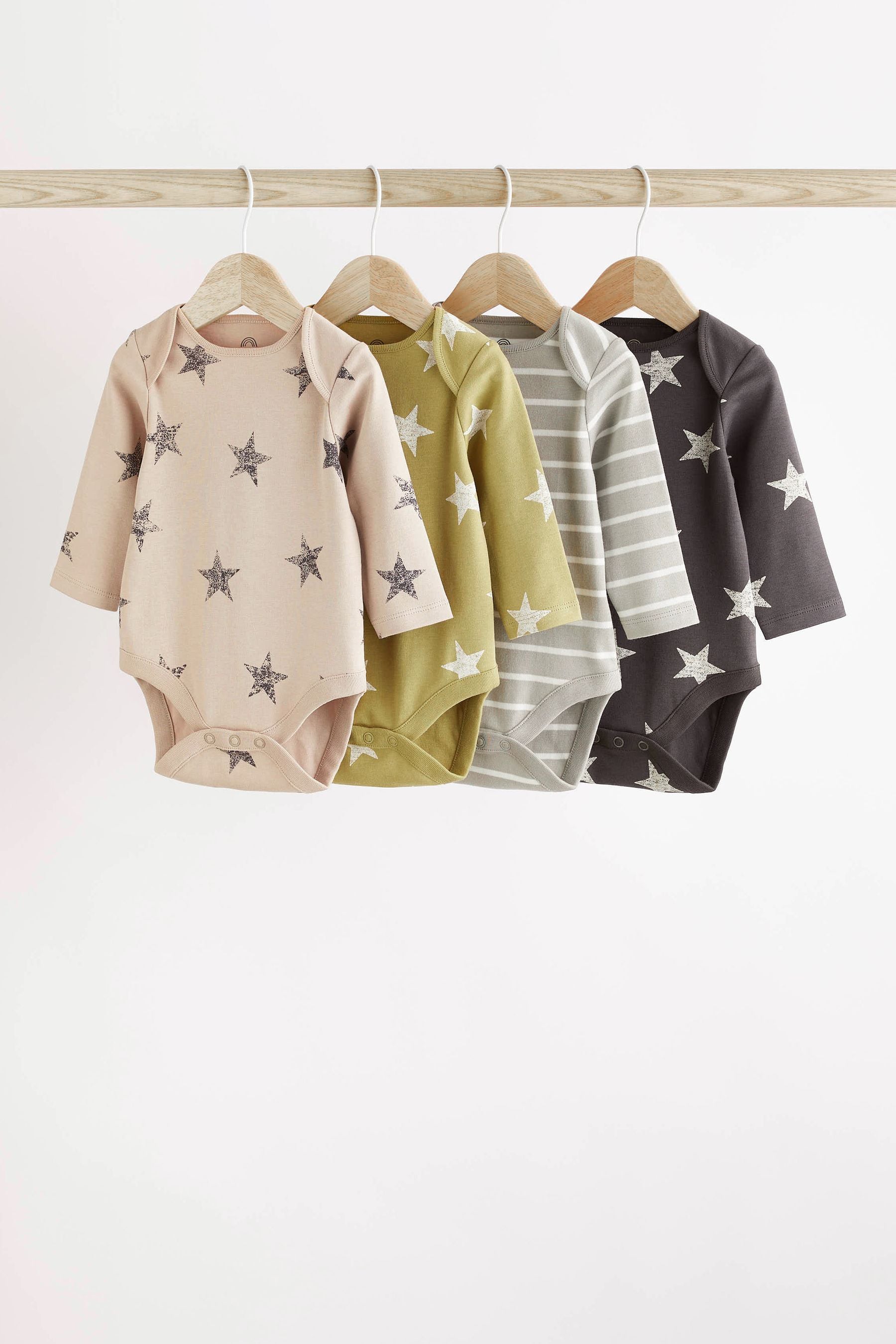 Green/Grey Star Baby Long Sleeve Bodysuits 4 Pack