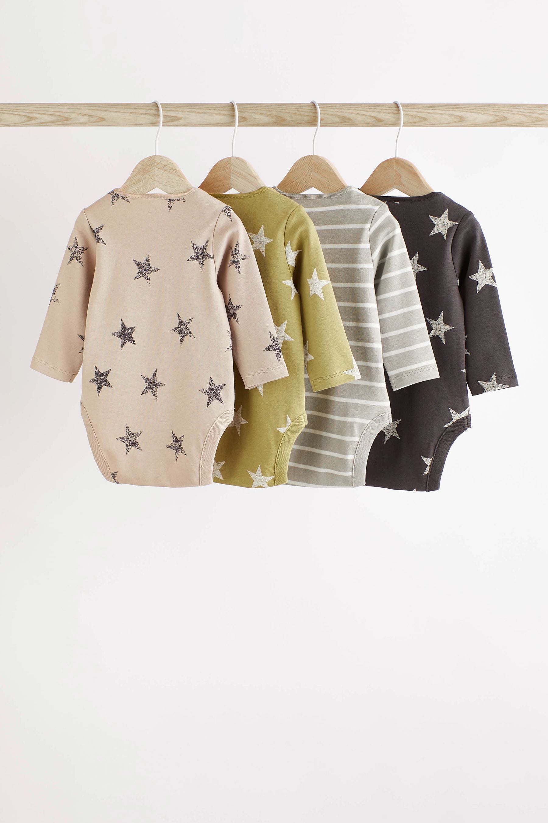 Green/Grey Star Baby Long Sleeve Bodysuits 4 Pack