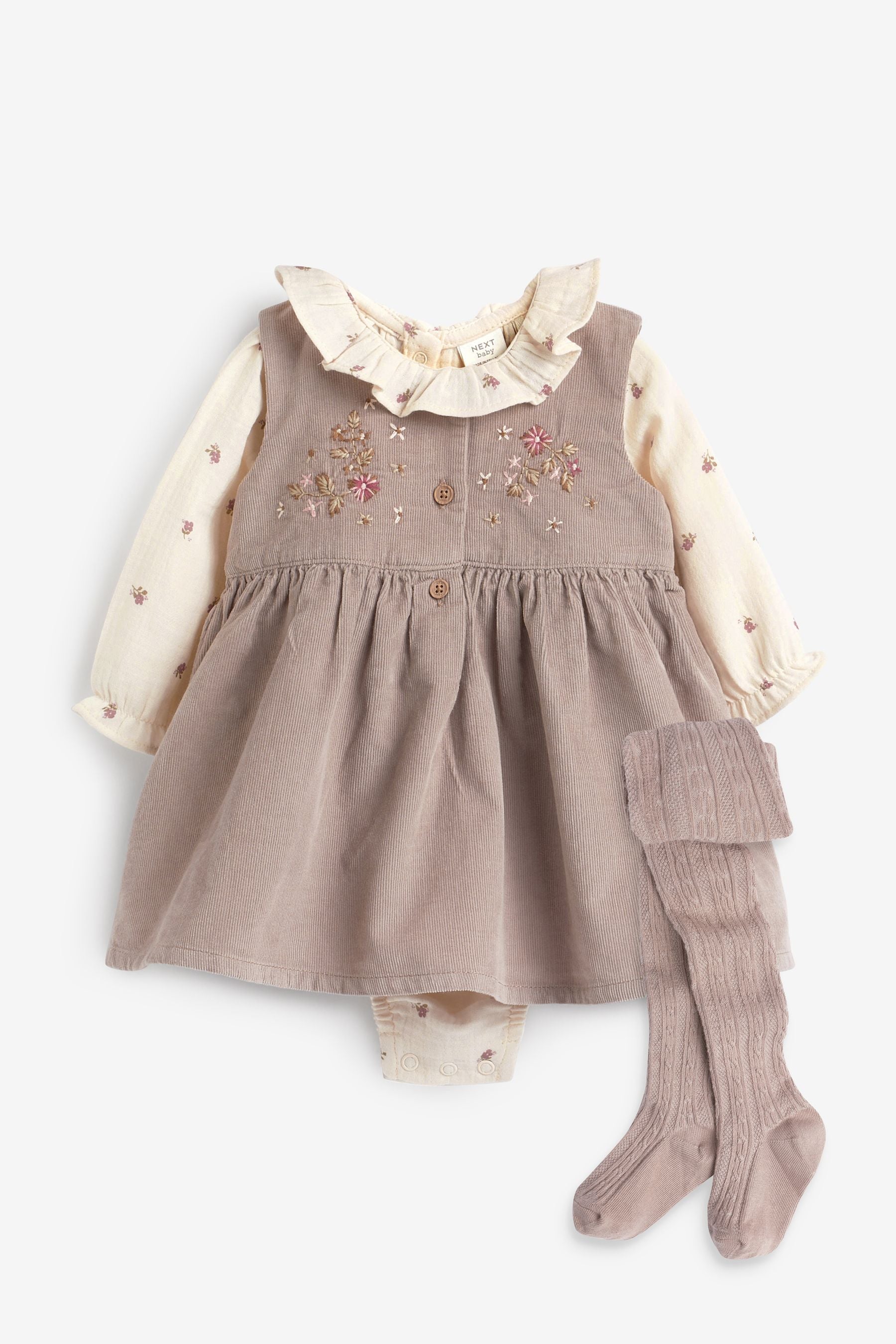 Pink Embroidered Baby Pinafore Dress And Bodysuit 3 Piece Set (0mths-2yrs)