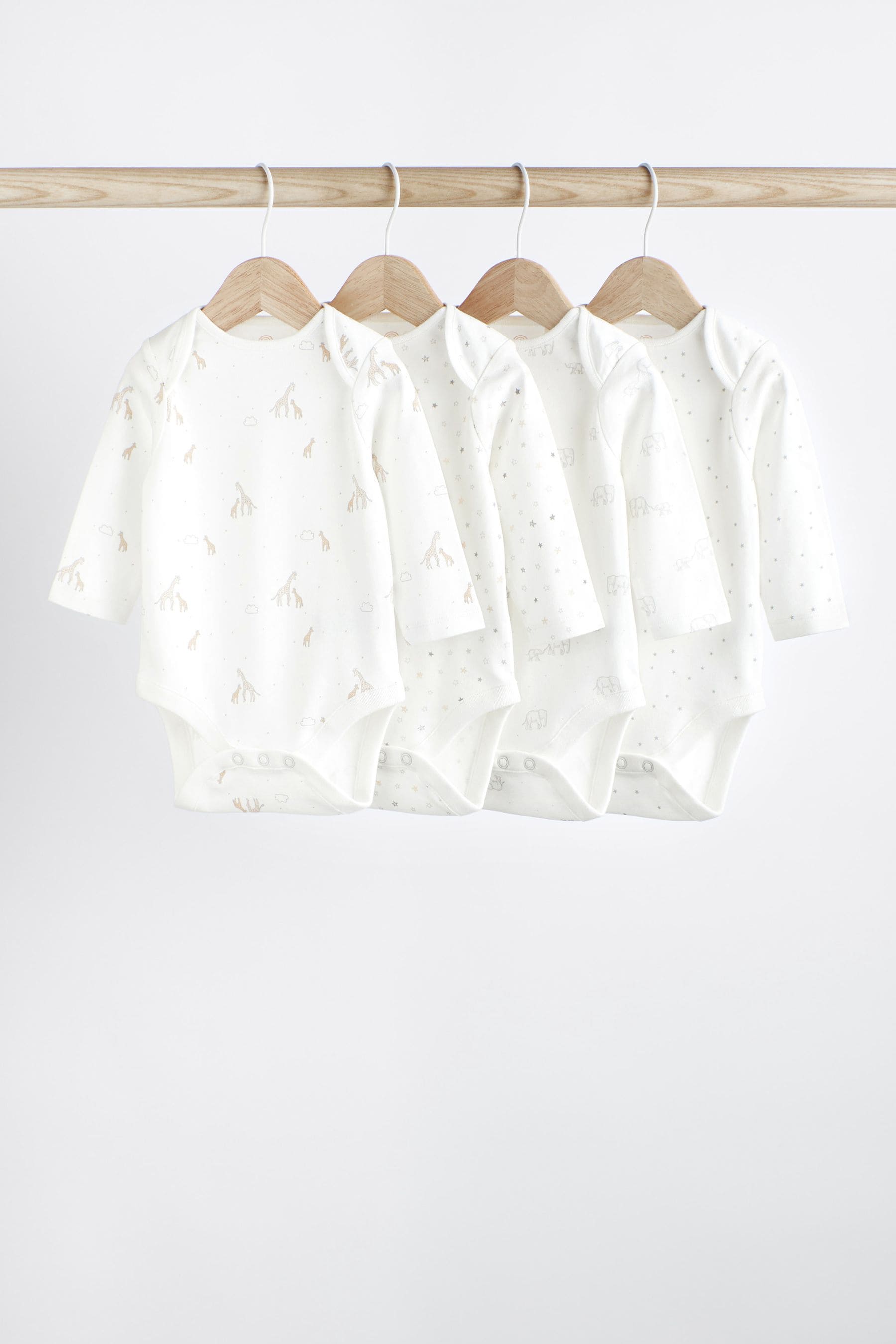 Delicate White Animal Baby Printed Long Sleeve Bodysuits