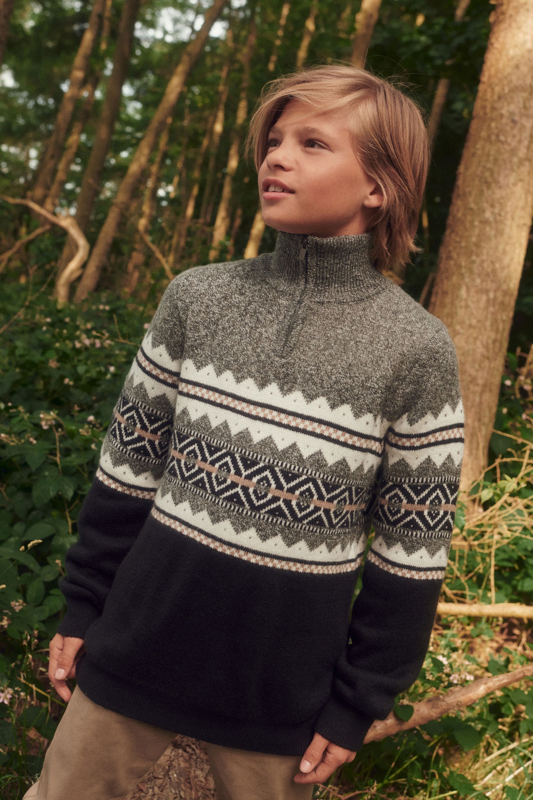 Monochrome Fairisle Pattern Zip Neck Knit Jumper (3-16yrs)