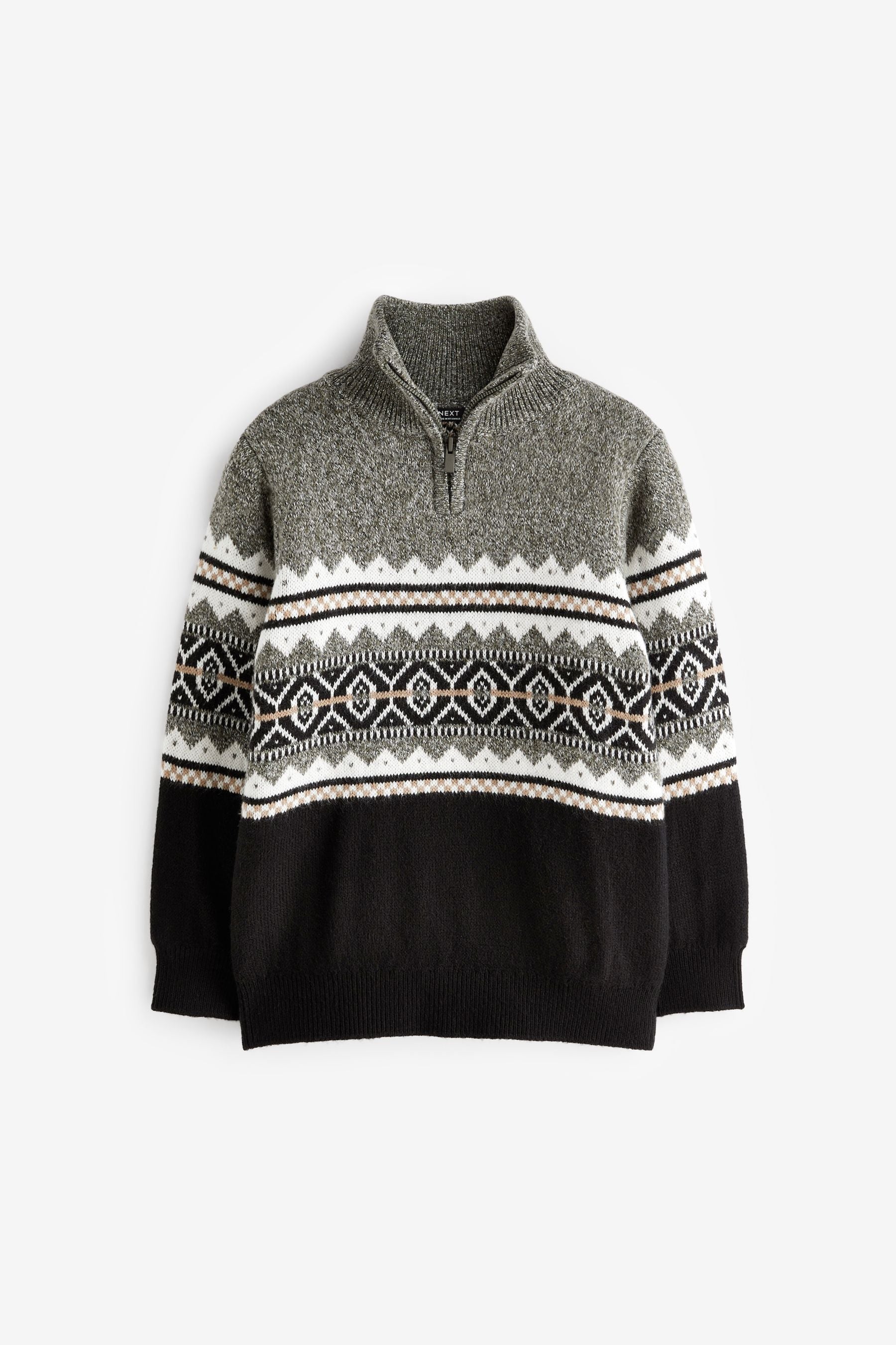 Monochrome Fairisle Pattern Zip Neck Knit Jumper (3-16yrs)